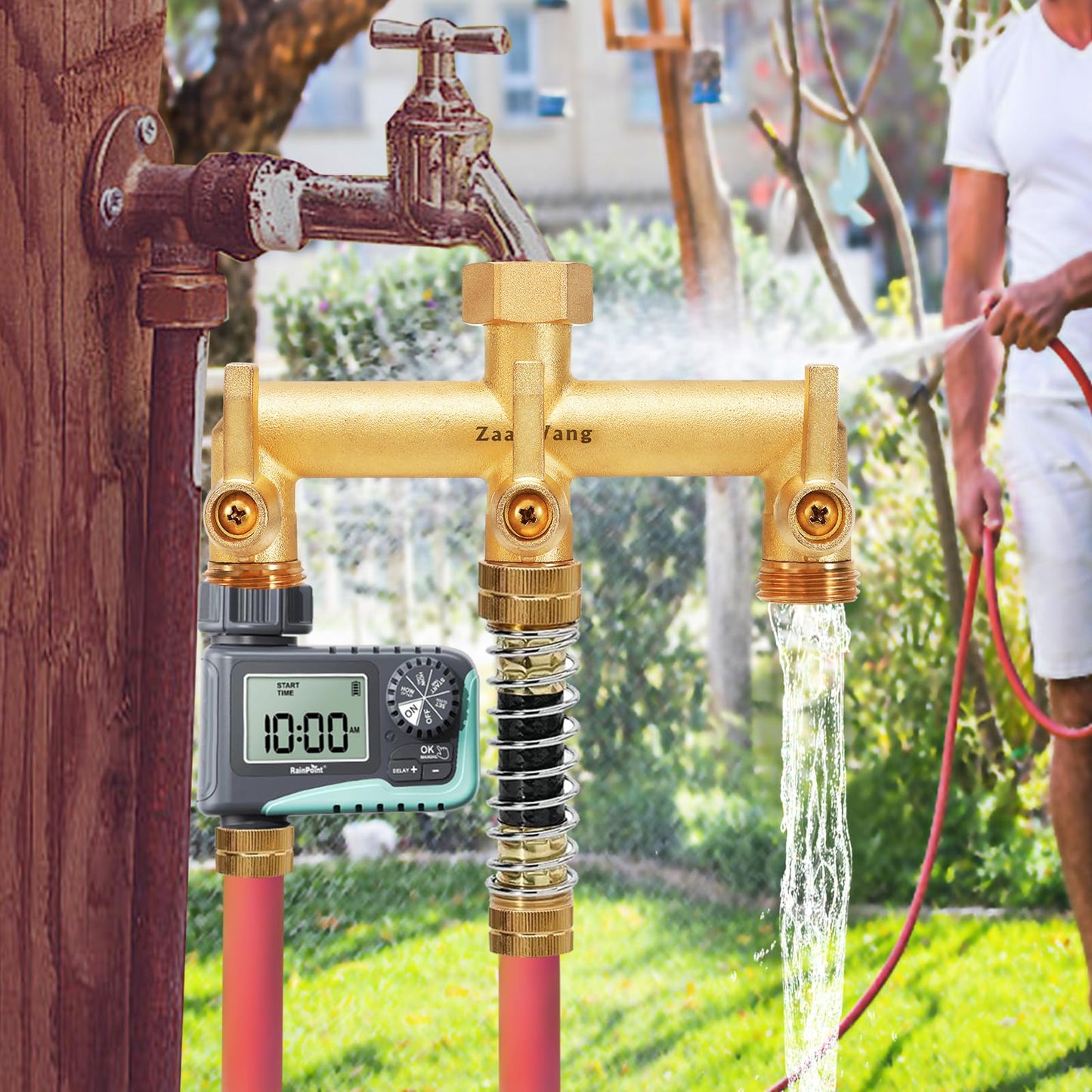 Heavy Duty 3-Way Garden Hose Splitter with Shutoff Valve and Long Handle Outdoor Faucet Diverter, 3/4’ GHT Threads