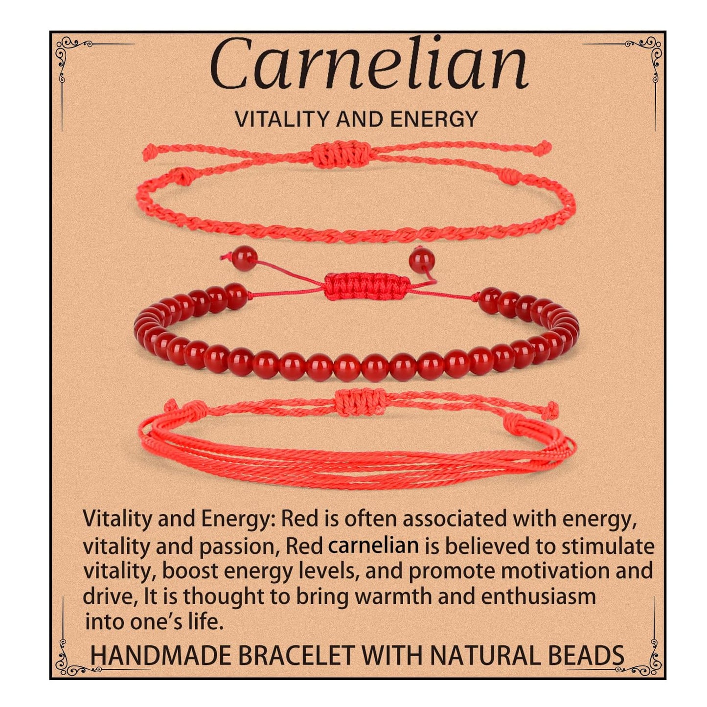QOGIR Handmade Healing Stones Bracelet,4mm Natural Carnelian Gemstone Beads Bracelet, for Men Women Gifts with 2PCS Size Adjustable Rope Bracelets