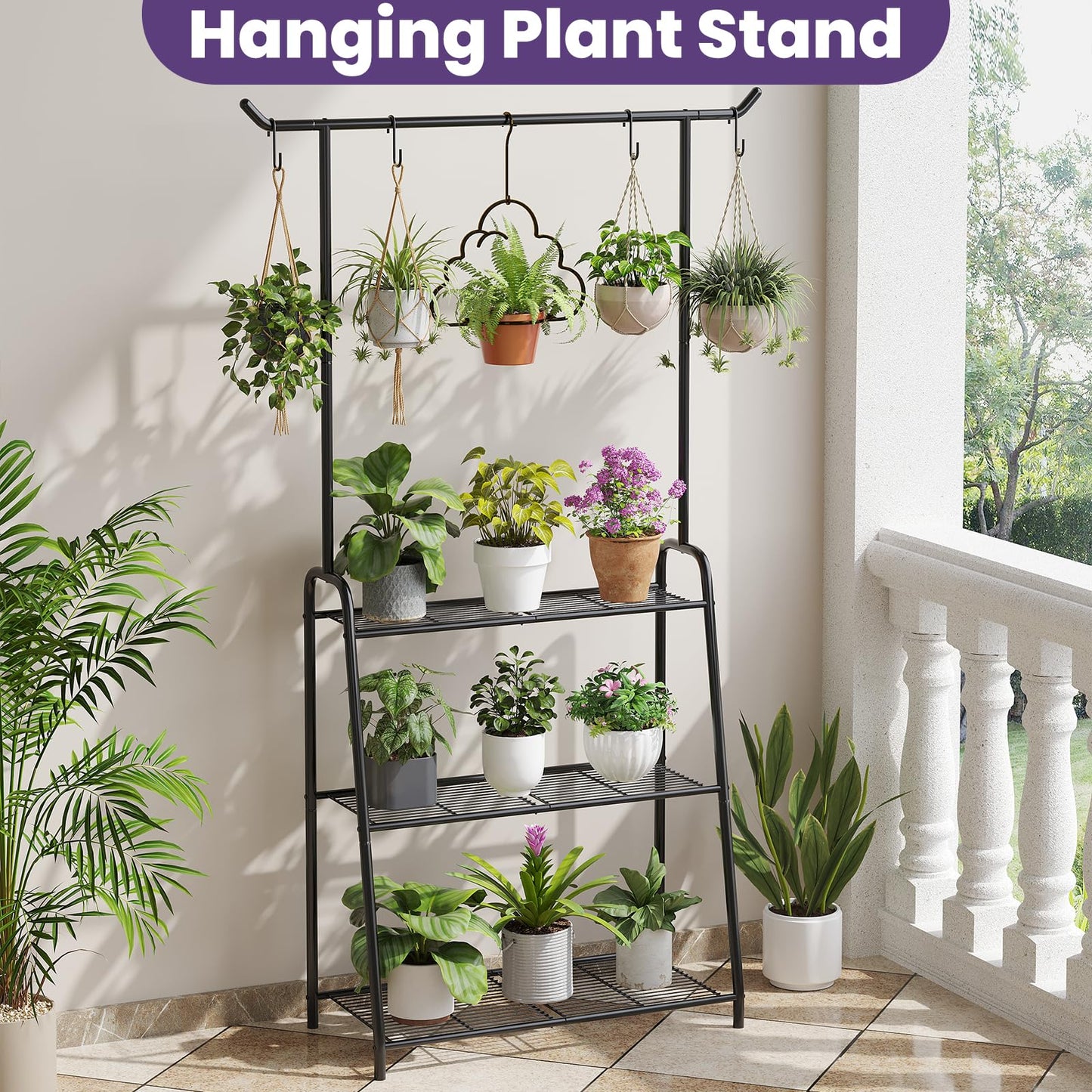 Wieghda Metal Plant Stand Indoor Outdoor, 3 Tier Tall Corner Plant Shelf, Hanging Flower Ladder for Living Room, Balcony, Garden, Patio (Black)