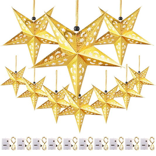 Zhanmai 10 Pcs Large 3D Gold Paper Star Lantern with 10 LED Lights 11.8 Inch 5 Point Hollow Hanging Paper Star Lampshade Decoration Light Lanterns for Wedding Birthday New Year Party Home Decor