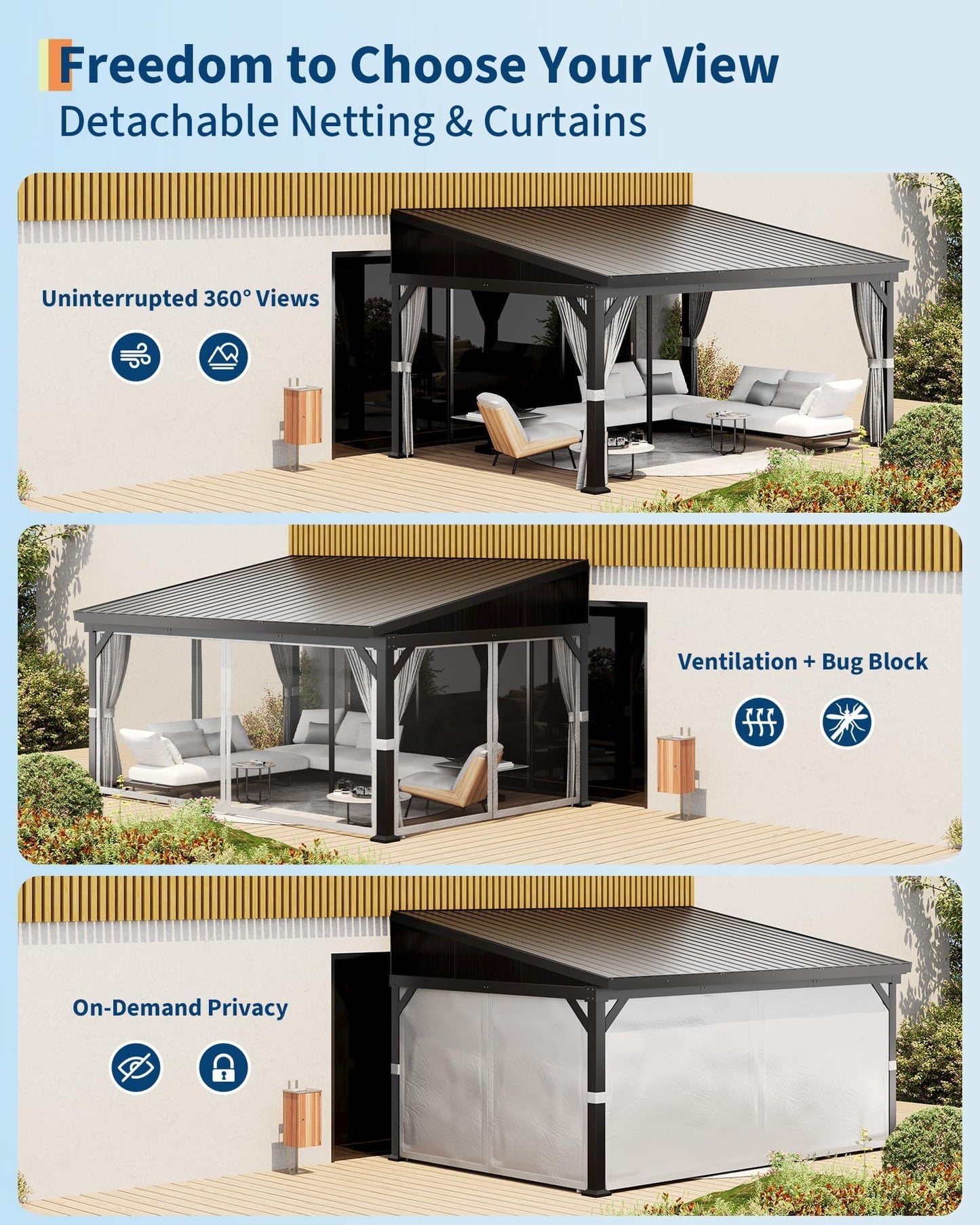 10X14 ft Wall Mounted Lean to Gazebo with Gutters System & Sliding Netting, Aluminum Frame, Connectable Wall Mounted Gazebo Pergola with Sloping Galvanized Steel Roof for Patio, Garden, Grey
