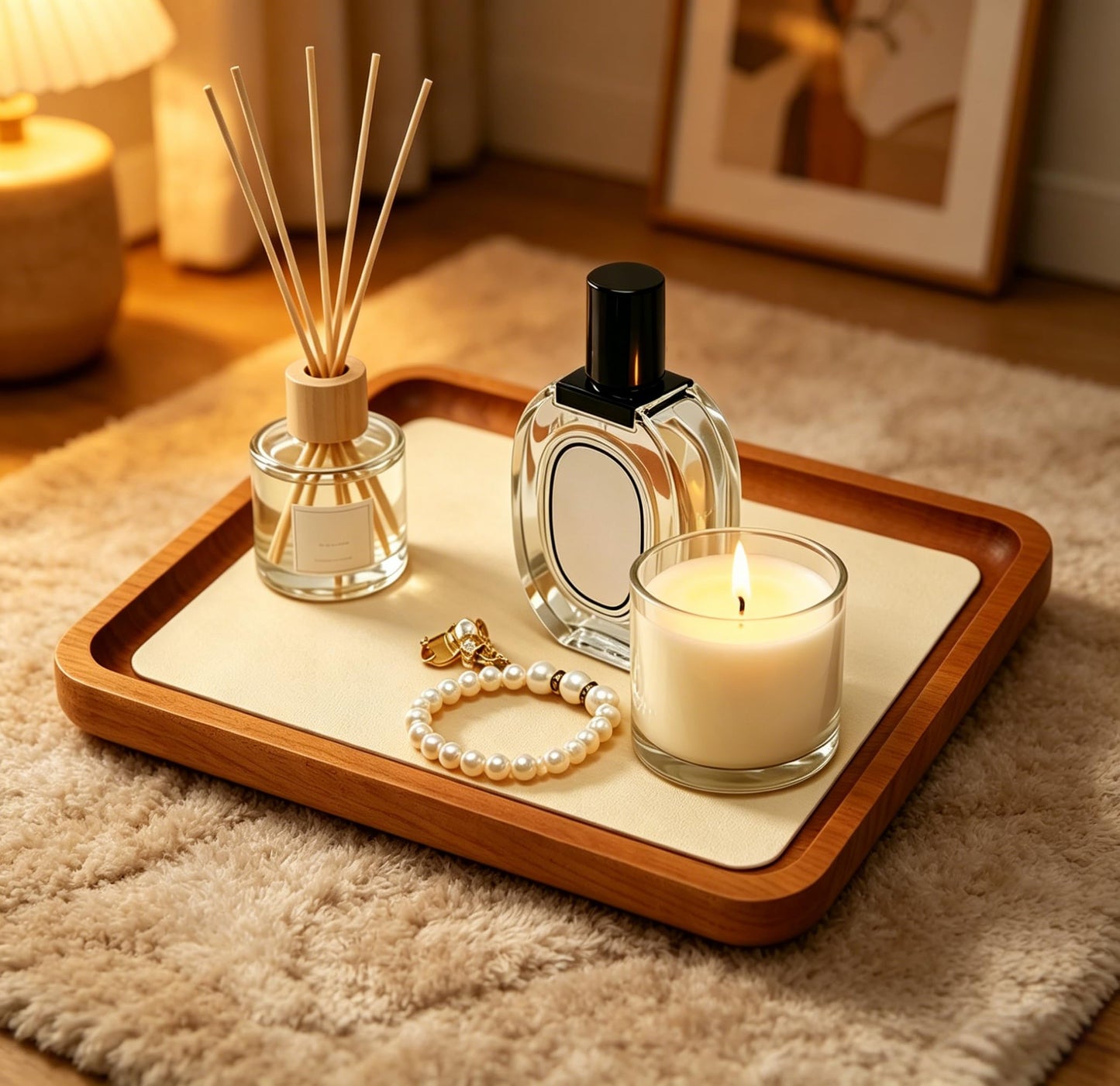 YUQIN Wooden Jewelry Display Tray Rounded Rectangle Ring Showcase Stackable Elegant Bracelet Watch Jewelry Organizer for Personal Use and Commerce (Old Lace, Large-W 7'' x H 0.6'' x L 7.9'')