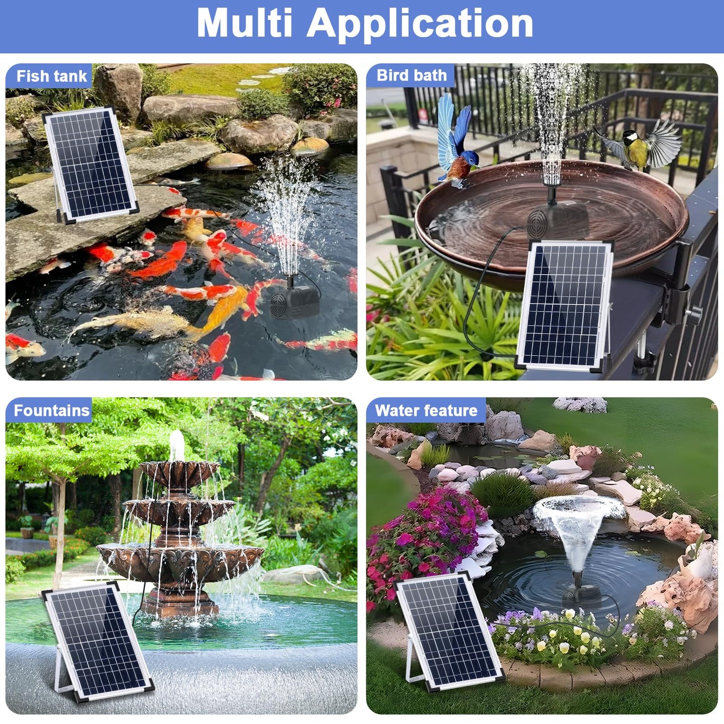 Solar Water Fountain Solar Powered Water Fountain 264GHP Solar Fountain Pump 12W 17V Solar Water Pump for Birdbath,Pond,Fish Tank,Waterfall,Garden Water Feature