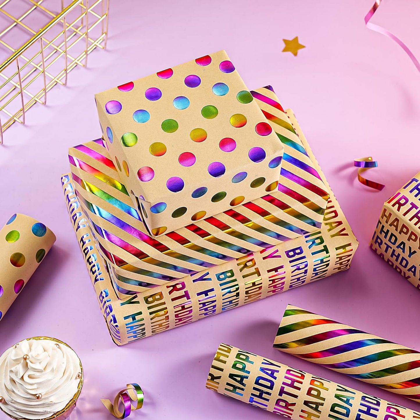 WRAPAHOLIC Kraft Birthday Wrapping Paper Roll - 3 Mini Rolls - 17 Inch x 120 Inch Per Roll - Rainbow Foi Happy Birthday Wrapping Paper for Boys Girls Kids, Baby Shower