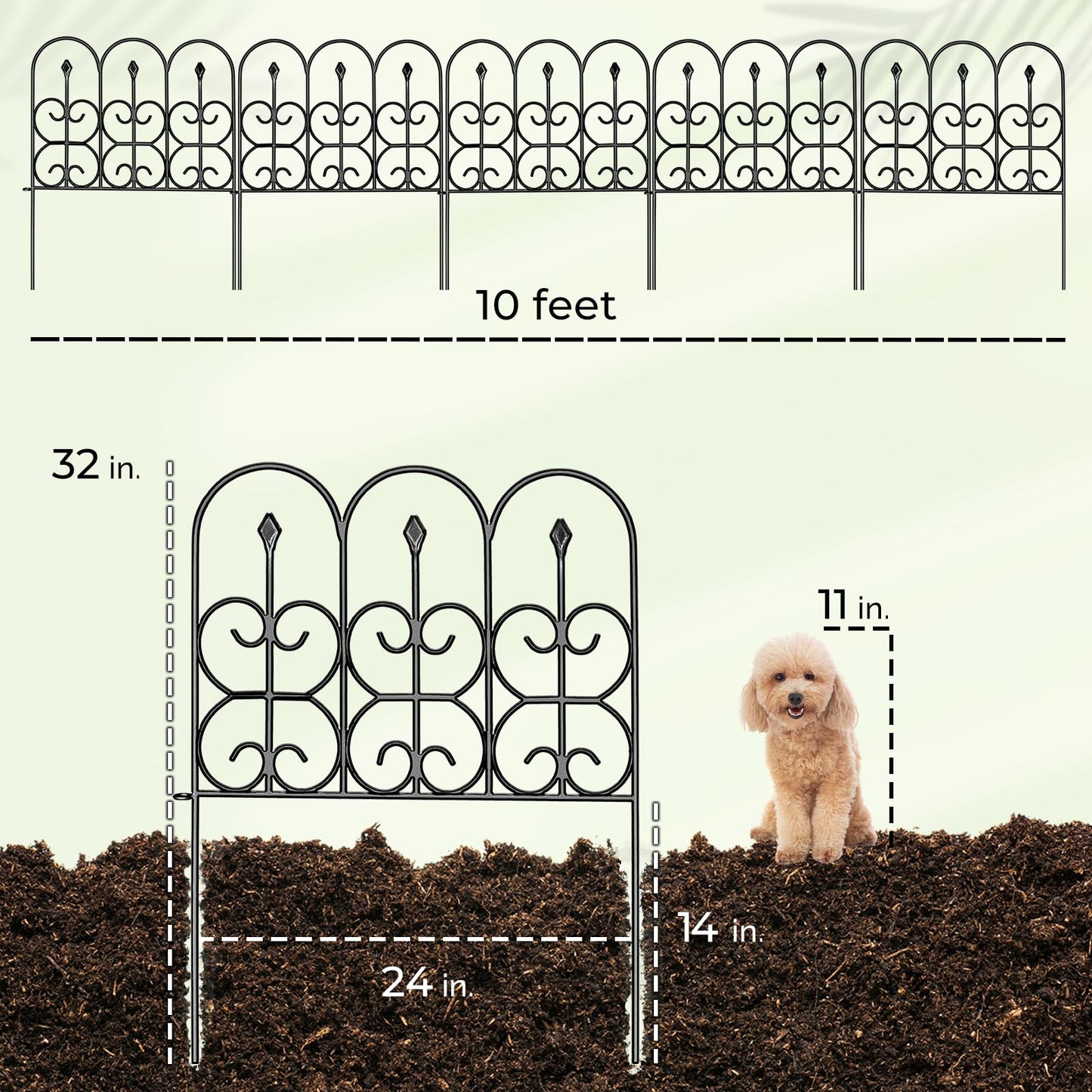 Idzo Heavy Duty Steel 32in x 10ft (5 Panels) Decorative Garden Fence, No Dig Decorative Fence, Rustproof Metal Garden Fence Border for Outdoor Yard Patio, Small Animal Barrier Fence for Dog Rabbit Pet