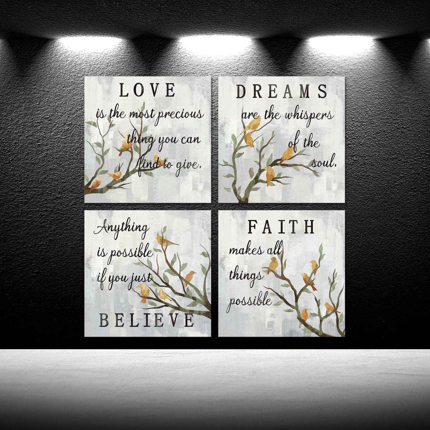 iKNOW FOTO Inspirational Wall Art Canvas Set of 4 Grey Canvas Print Faith Love Dreams Believe Calligraphy Canvas Quotes Motivational Posters for Home Office Decor Each Panel 16x16 Inches (Medium)