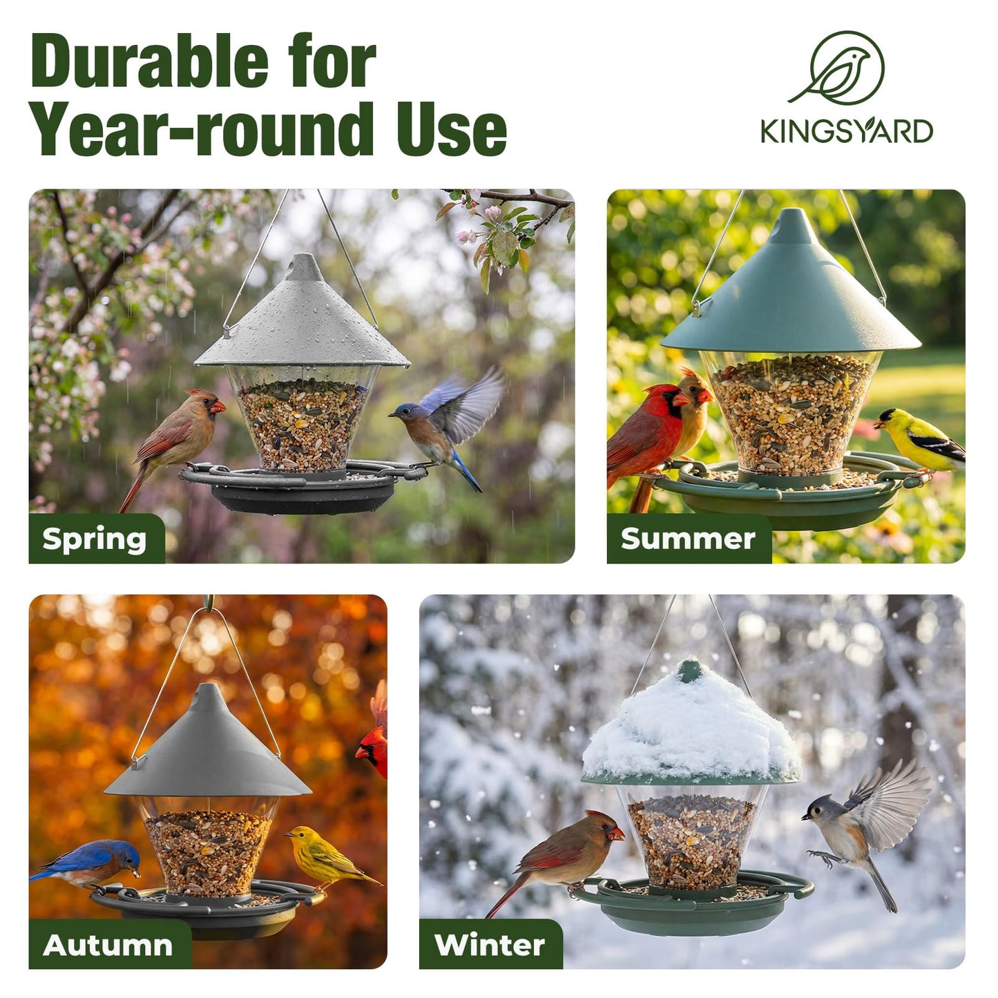 Kingsyard Wild Bird Feeder for Outdoors Hanging, No-Waste Tray with Seed Guard & Circular Perch, Garden Yard for Cardinal Finch, 4 lb Large Capacity, Grey