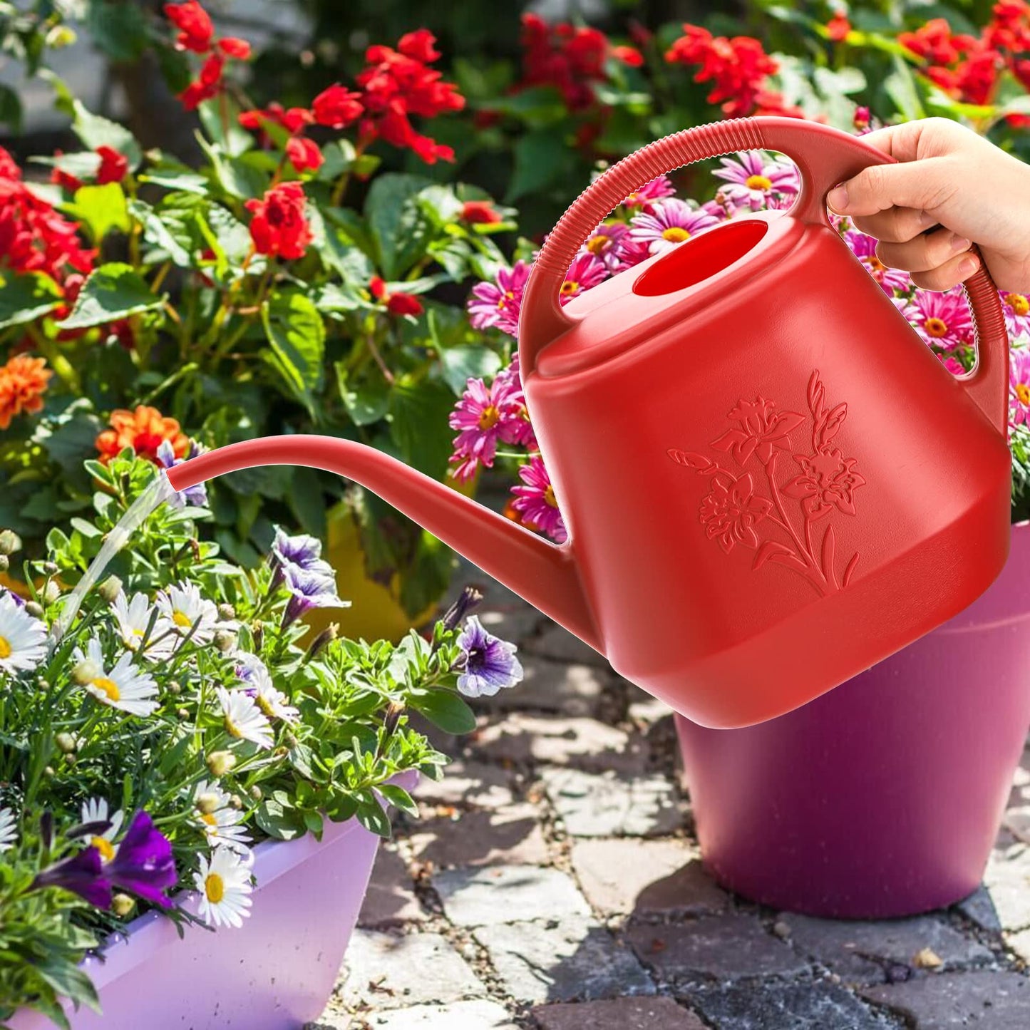 Fasmov 1-Gallon Plastic Watering Can with Comfortable Handle, Garden Watering Cans Long Spout for Indoor Outdoor Watering Plants, Burnt Red