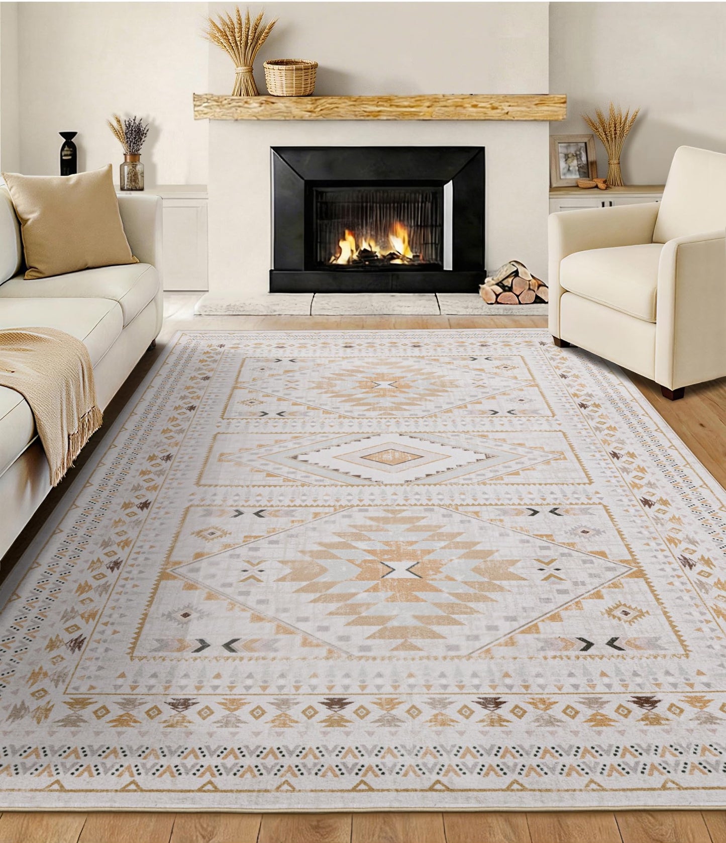 Boho Farmhouse Area Rug 5x7, Washable Tribal Rug for Bedroom, Non-Slip Medallion Rugs for Living Room Dining Room, Entryway (Beige/Yellow, 5'x7')