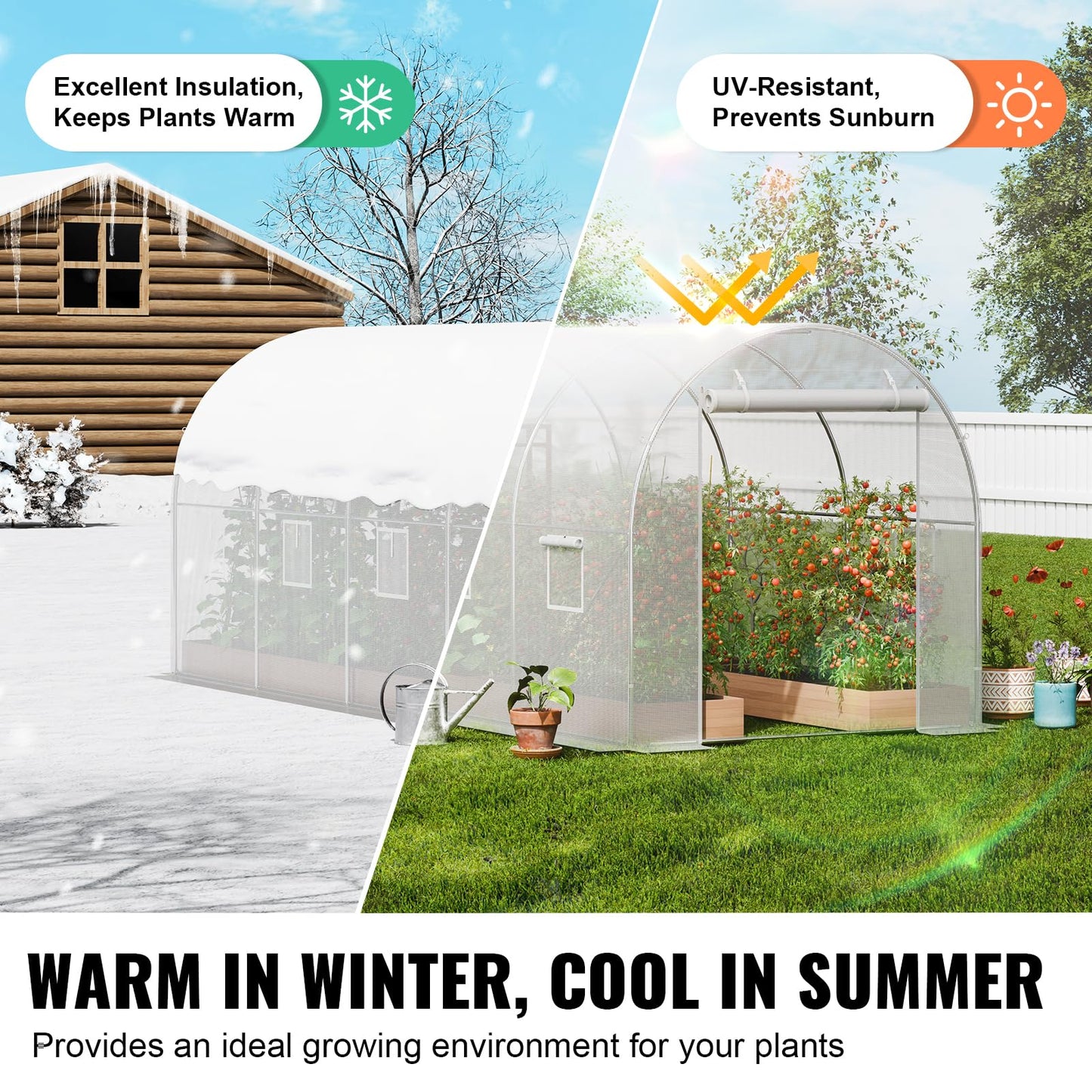 VEVOR Walk-in Tunnel Greenhouse, 14.6x6.4x6.3 ft Hoop House Greenhouse Tunnel, Plant Hot House with Galvanized Steel Frame, White PE Cover, Roll-up Zipper Door and 8 Windows for Outdoor