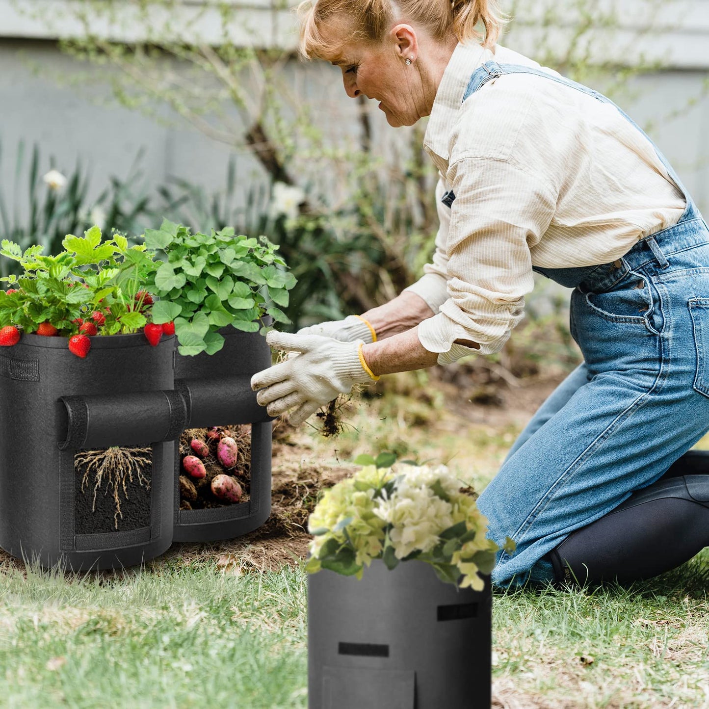 12 Pack 10 Gallon Potato Grow Bags, Heavy Duty Nonwoven Fabric Garden Planting Bag Plant Container with Flap and Handles, Aeration Fabric Pots for Growing Vegetable, Fruits and Flowers
