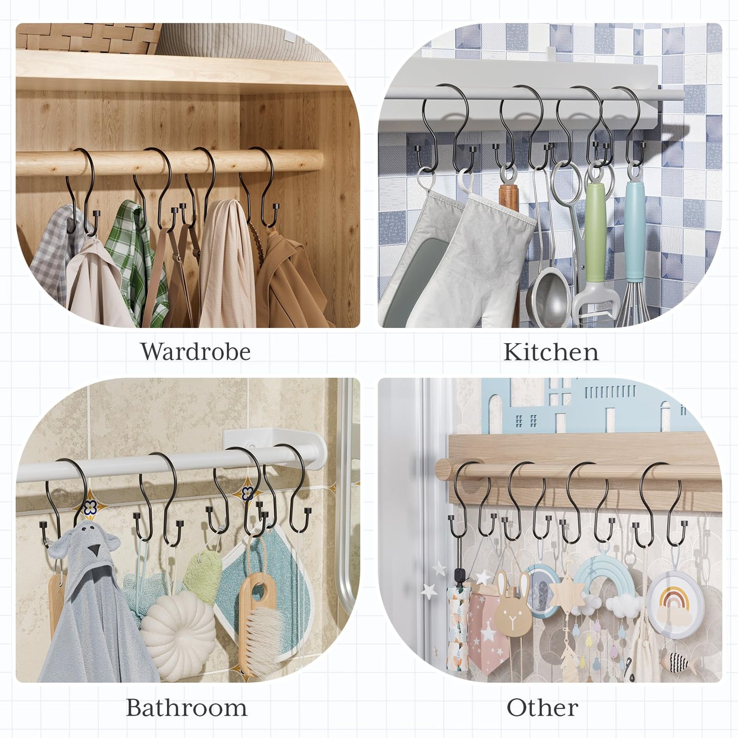 Bathway Shower Curtain Hooks Black Shower Curtain Rings, Simple Double Hook Shower Curtain Hooks Rust Proof, Smooth Sturdy Metal Shower Hooks for Shower Curtain Rod, 12Pcs Shower Rod Hooks