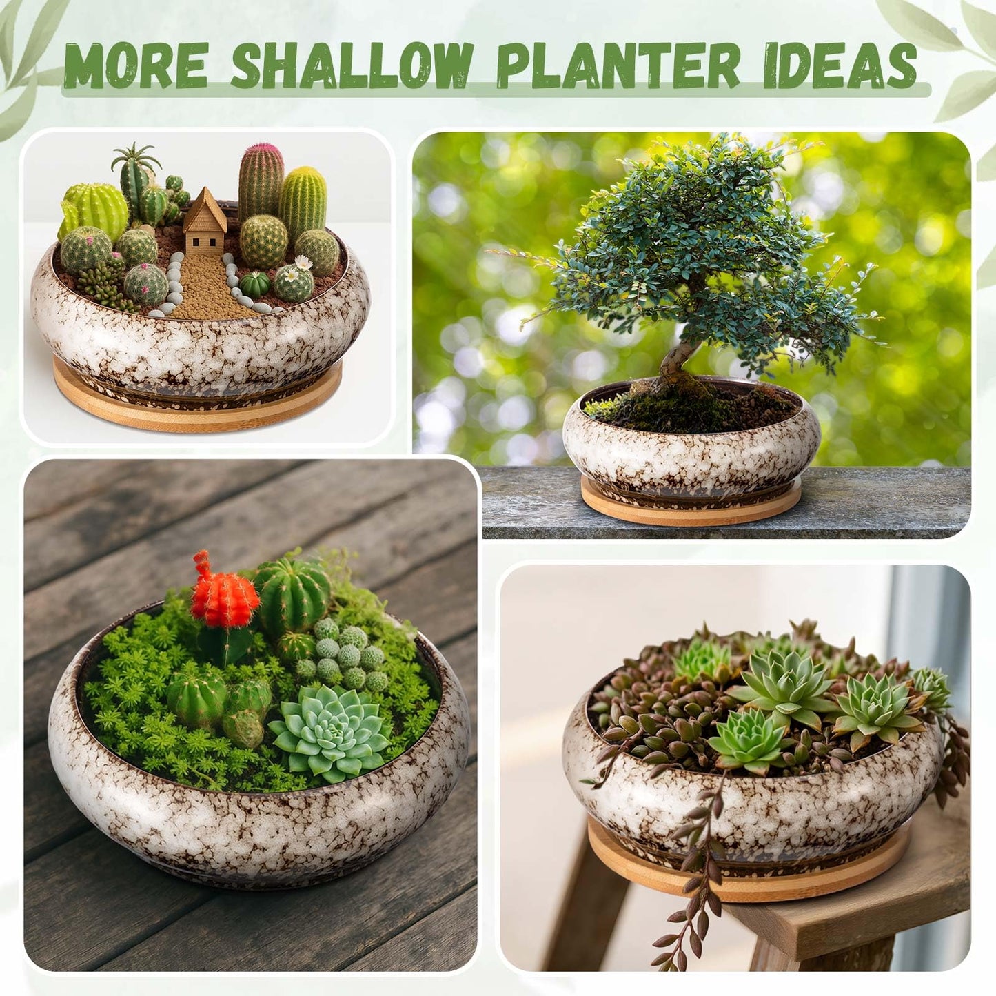 Acellegic 2 Pcs 7.3'' Round Large Shallow Succulent Ceramic Planter Pots with Drainage Hole Drip Glazed Shallow Bonsai Pot with Bamboo Tray for Indoor Outdoor Decor Cactus Flower (White)