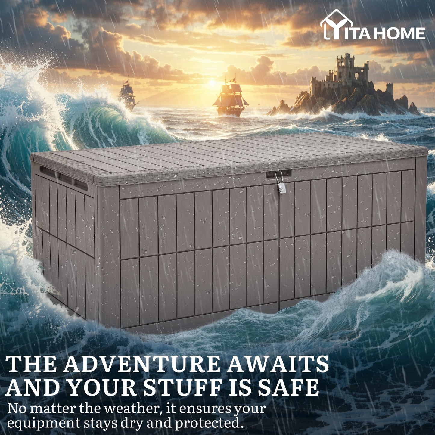 YITAHOME XL 200 Gallon Large Deck Box, Waterproof Resin Outdoor Storage Box with Lock and 3-Person Bench Seating for Patio Furniture Cushions,Garden Tools & Pool Accessories, Light Brown