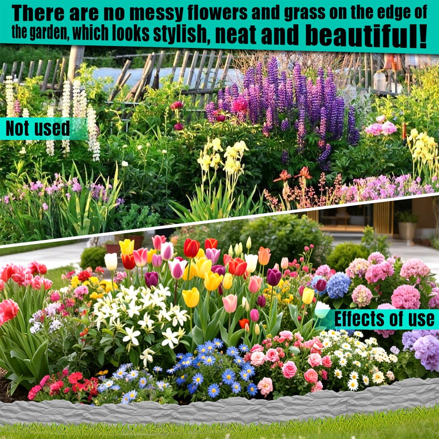 20-Pack No Dig Garden Edging Borders,20FT Plastic Lawn Edging with Spikes & Stone Texture - Easy Interlocking Landscape Edging for Yard, Flower Bed, Driveway, Heavy-Duty & Easy Install