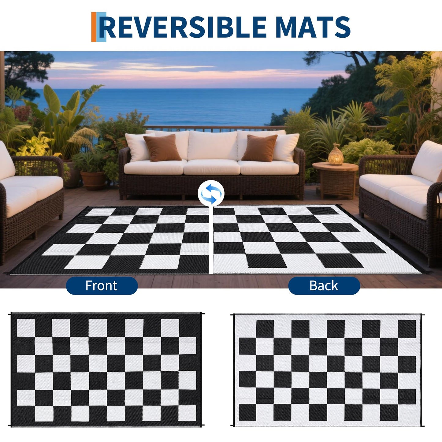 Jojoka Large Waterproof Outdoor Rug, Reversible Plastic Straw Mat, Modern Checkered Plaid Carpet, UV-Resistant & Collapsible for Patio Deck Camping, Easy Clean Outdoor Area Rug