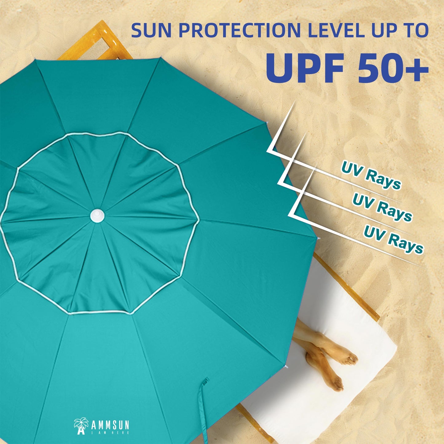 AMMSUN 8 Feet Large Beach Umbrella with Sand Anchor Heavy Duty High Wind Portable Outdoor Umbrellas UPF 50+ Protection Air Vent Tilt Patio Garden Pool Teal