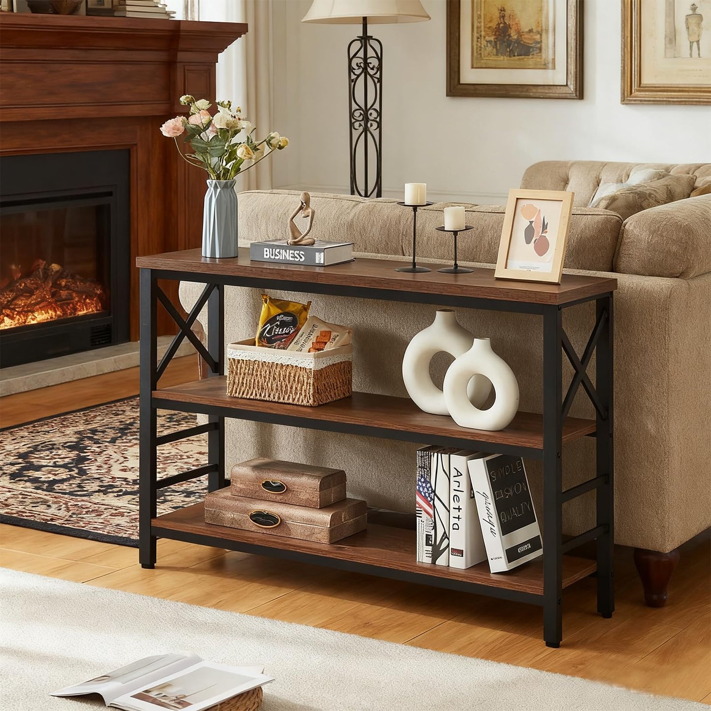 HOMBAZAAR Sofa Table,Industrial Console Table with Storage,Entryway Table with Engineered Wood and Metal,Rustic 3 Tier Shelf for Living Room,Hallway,Brown,47 Inch