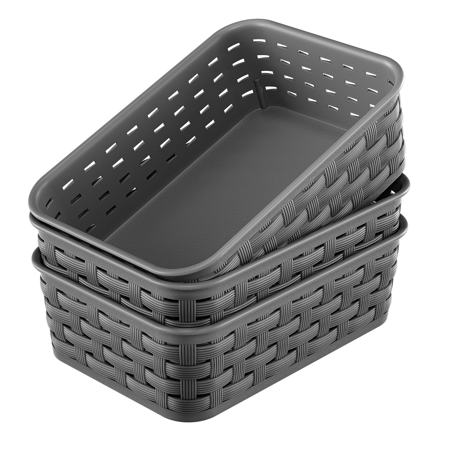 3 Pack Small Plastic Basket, Storage Bin Baskets for Organizing, Pantry Organizer Household Wicker Storage for Laundry Room, Bedrooms, Kitchens, Cabinets, Countertops, Dark Gray