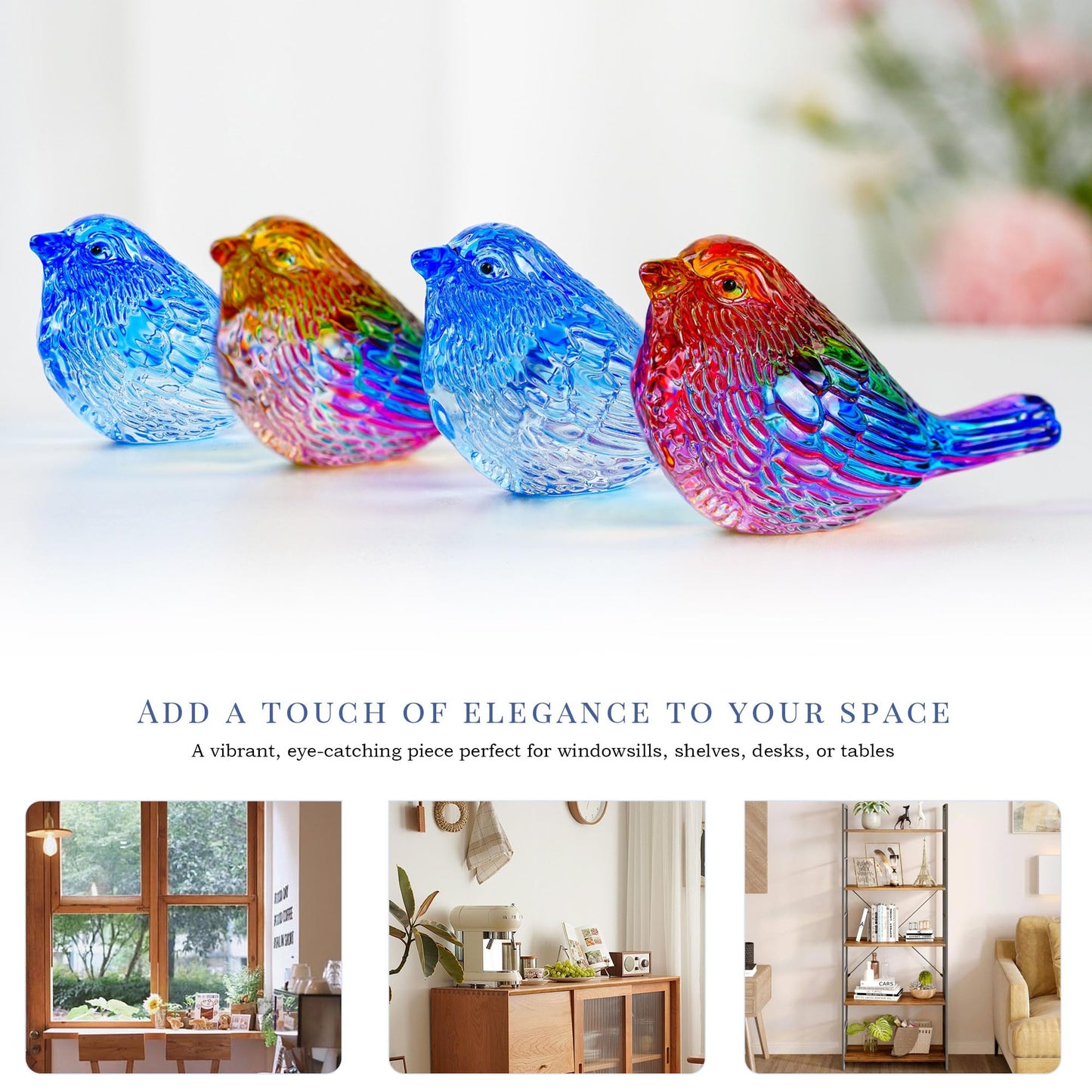 QFkris 3" Small Bird Statues Home Decor Accents Blown Glass Birds Decor for Tabletop, Office Desk, Living Room, Coffee Table, Shelf, Bookshelf (2 PCAK)