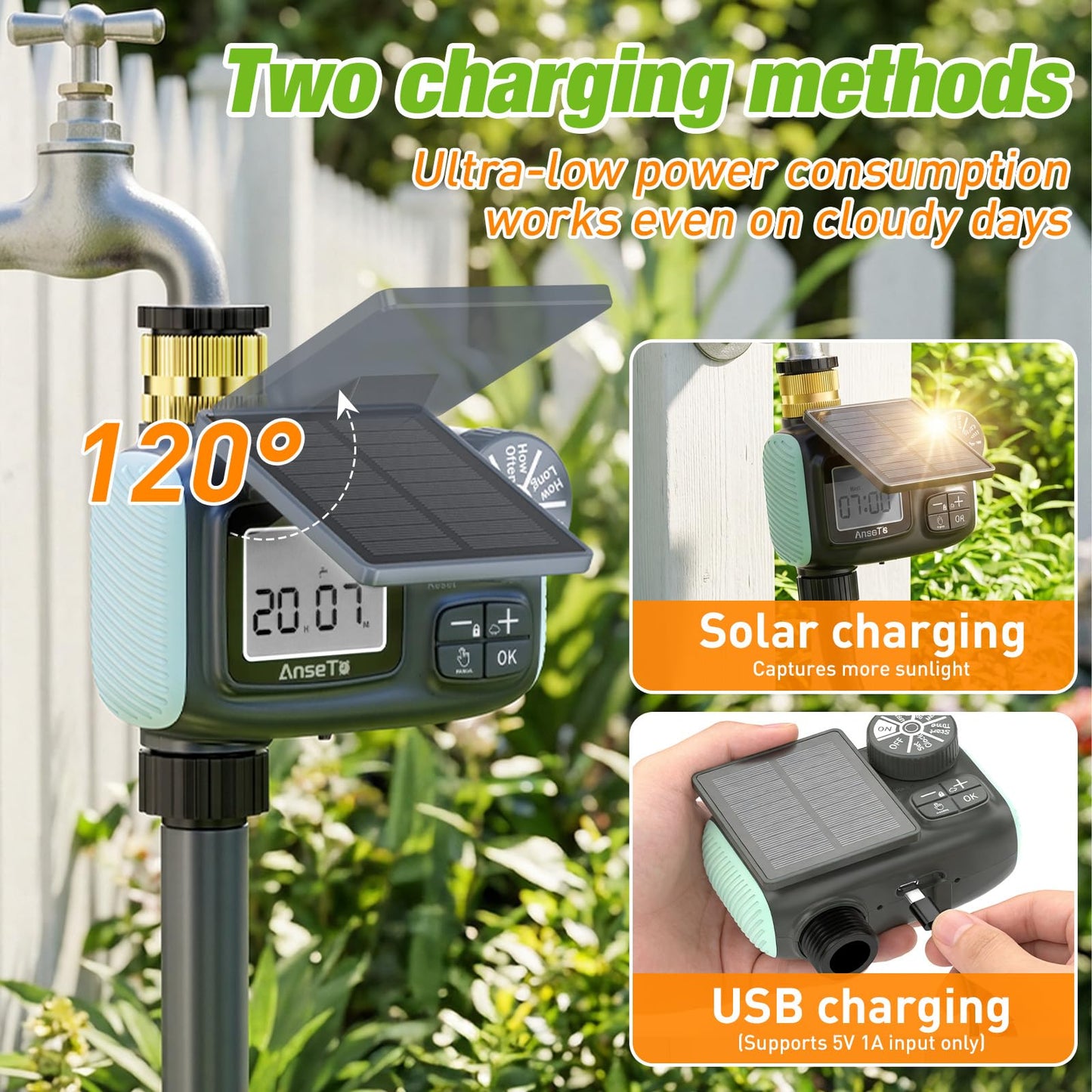 AnseTo Solar Sprinkler Timer, Solar & Type-C Rechargeable Water Timer for Garden Hose, Programmable Faucet System with Rain Delay/Manual/Auto Mode, Digital Irrigation Controller for Lawn/Yard/Pool