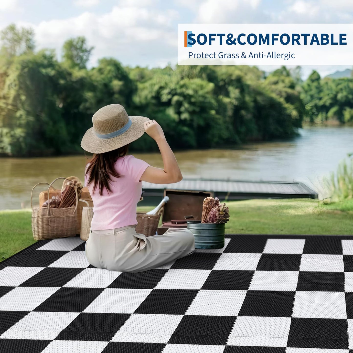 Jojoka Large Waterproof Outdoor Rug, Reversible Plastic Straw Mat, Modern Checkered Plaid Carpet, UV-Resistant & Collapsible for Patio Deck Camping, Easy Clean Outdoor Area Rug