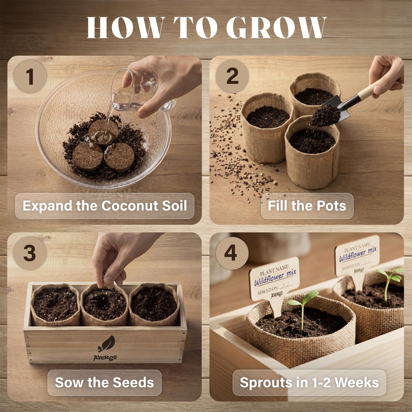 AVERGO Wildflower Seed Mix Growing Kit - Perennial Wild Flowers | Ideal Gift for Mother's Day - Also Includes Planters, Soil, Wooden Box, and Gardening Tools for Indoor Garden and Patio Planting