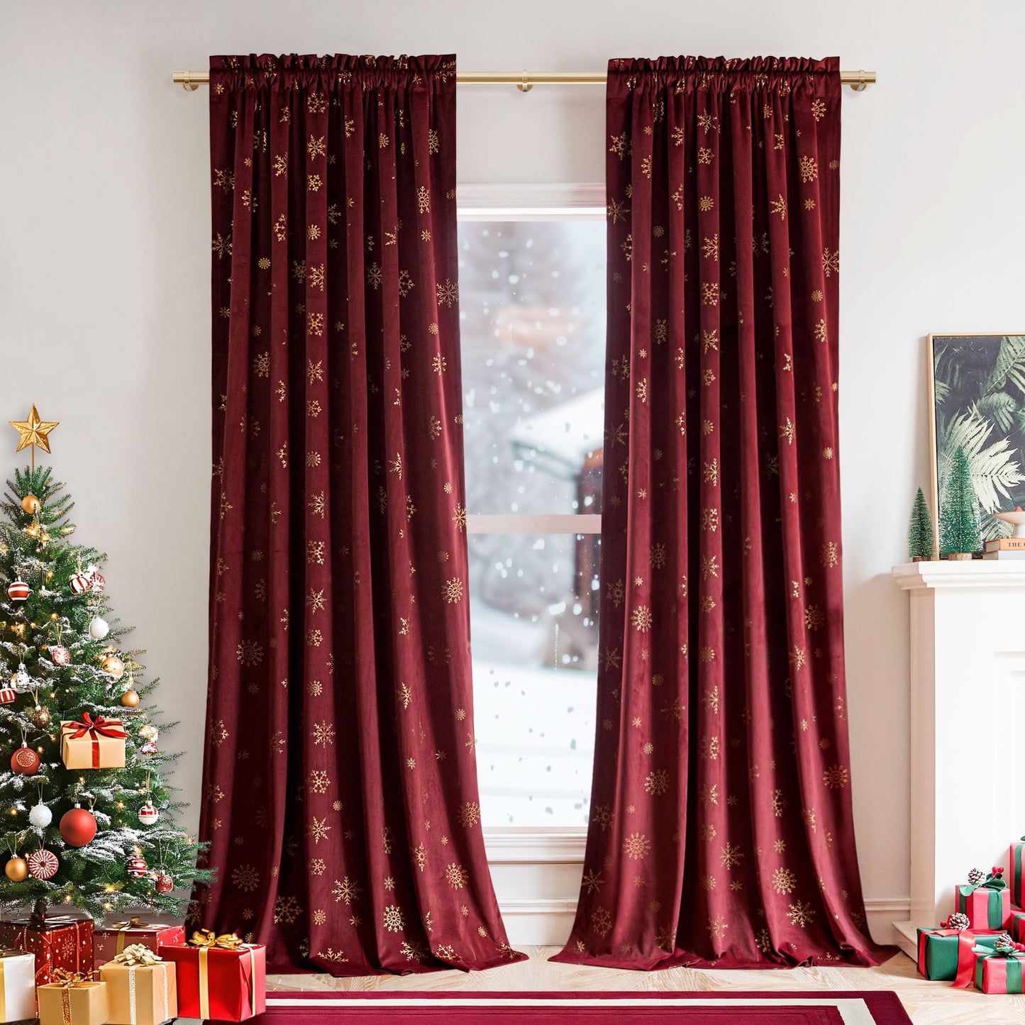 Beauoop Christmas Red Velvet Curtains 84 Inches Long 2 Panels for Bedroom Living Room Gold Snowflake Holiday Decor Burgundy Thermal Insulated Room Darkening Rod Pocket Window Treatments Drapes, 52X84