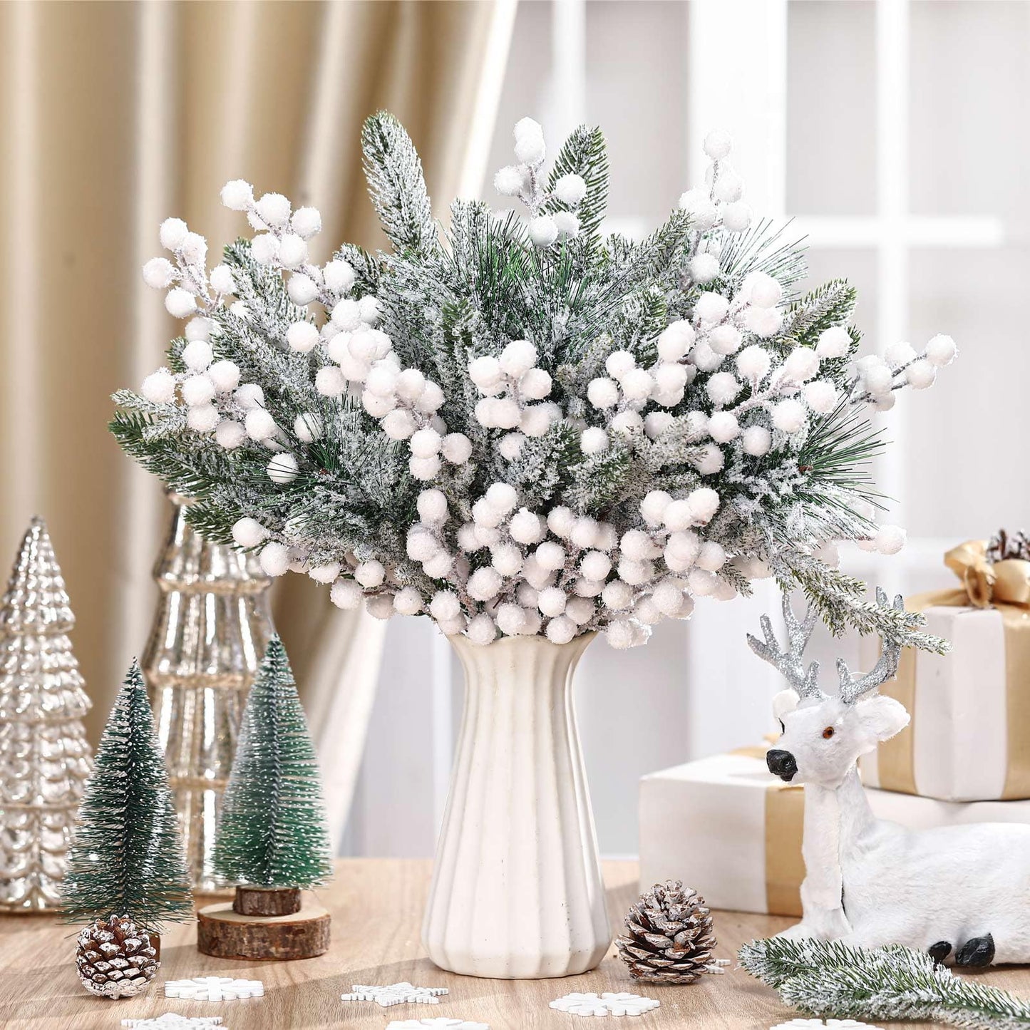 Lyrow 80 Pieces Christmas Snowy Pine Tree Picks Artificial Berry Stems Sprays Faux Cedar Pine Needles Branches for Holiday Arrangement Wreath DIY Garland Holiday Decor Winter Greenery (White)