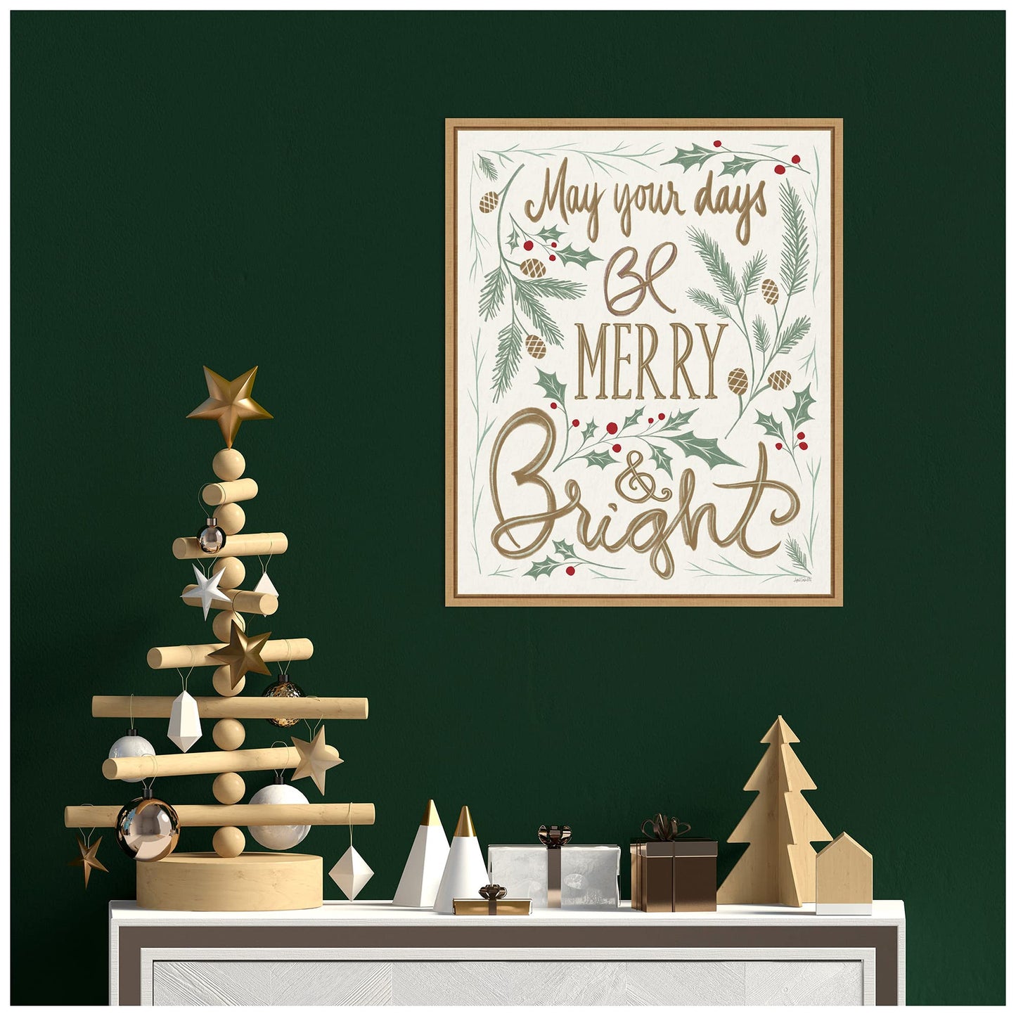 Amanti Art Framed Canvas Wall Art 20x16 Merry and Bright Holly by Anne Tavoletti, Framed Wall Art Canvas, Holidays Artwork, Modern Contemporary Decor, Small Poster Painting for Living Room, Bedroom