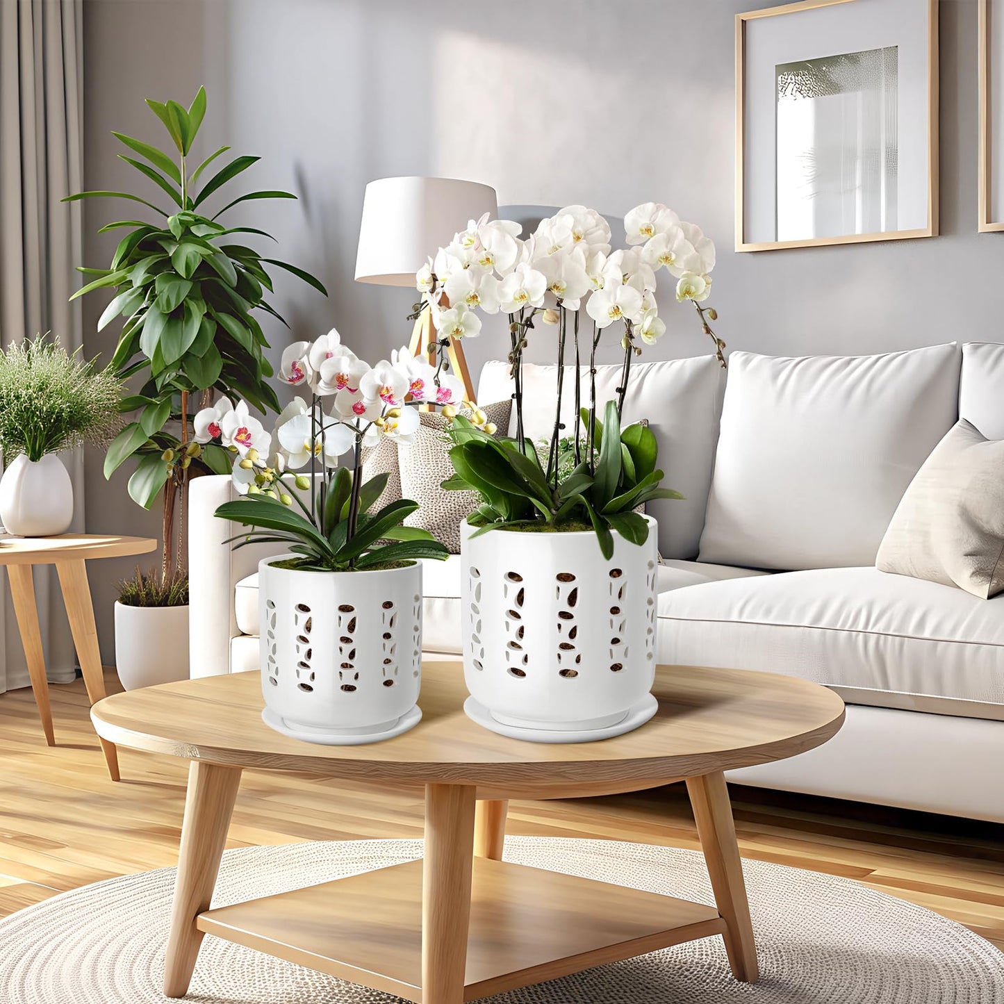 BUYMAX Ceramic Orchid Pots with Holes, 5 Inch+6 Inch Orchid Planter with Drainage Holes and Tray, Indoor Flower Pot for Repotting Orchids, Elegant White Glaze