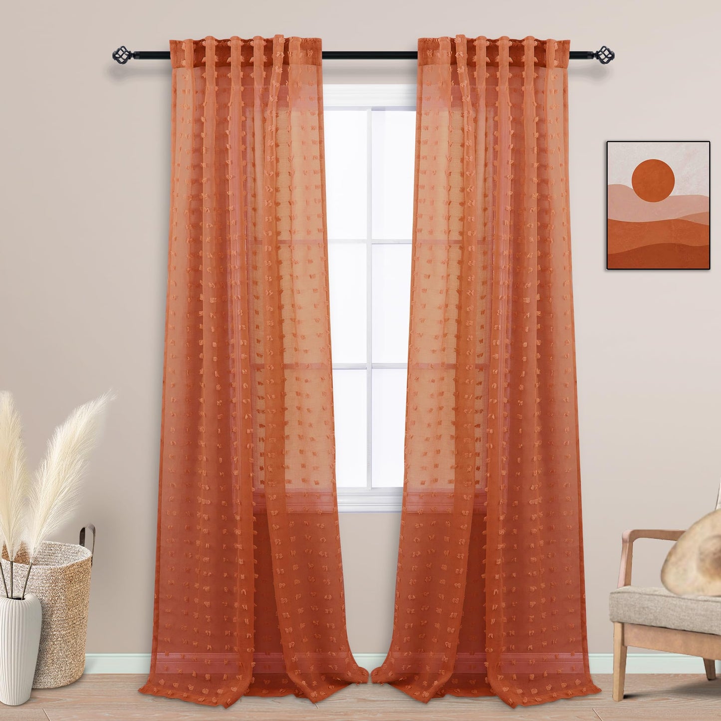 KOUFALL Boho Sheer Orange Curtains 2 Panels 96 Inches Long for Bedroom Pom Pom Back Tab Floor Length Bohemian Curtain for Living Room Burnt Rust Orange