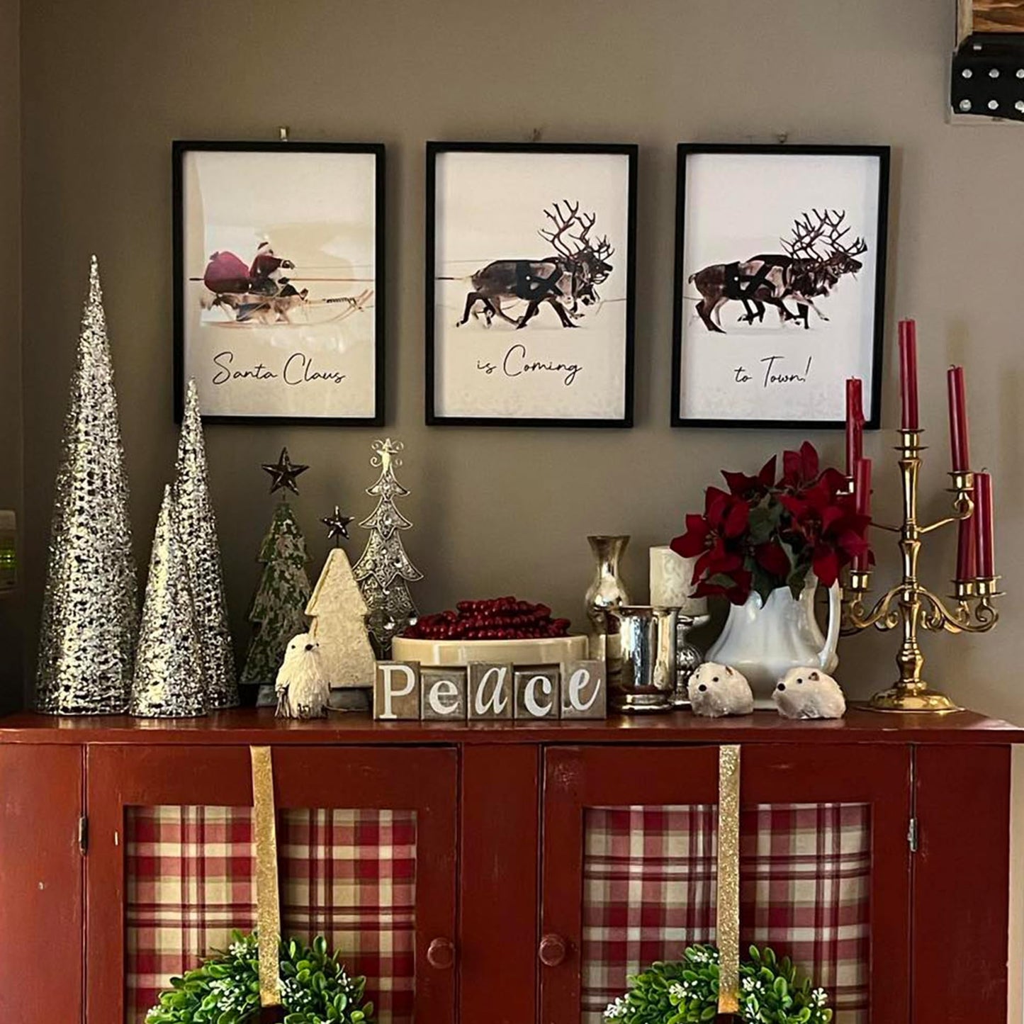 LITIVY Christmas Wall Art Prints - Set of 3 Santa Claus with Sleigh Deer for Home Decor - Xmas Sign - 12x16in - Black