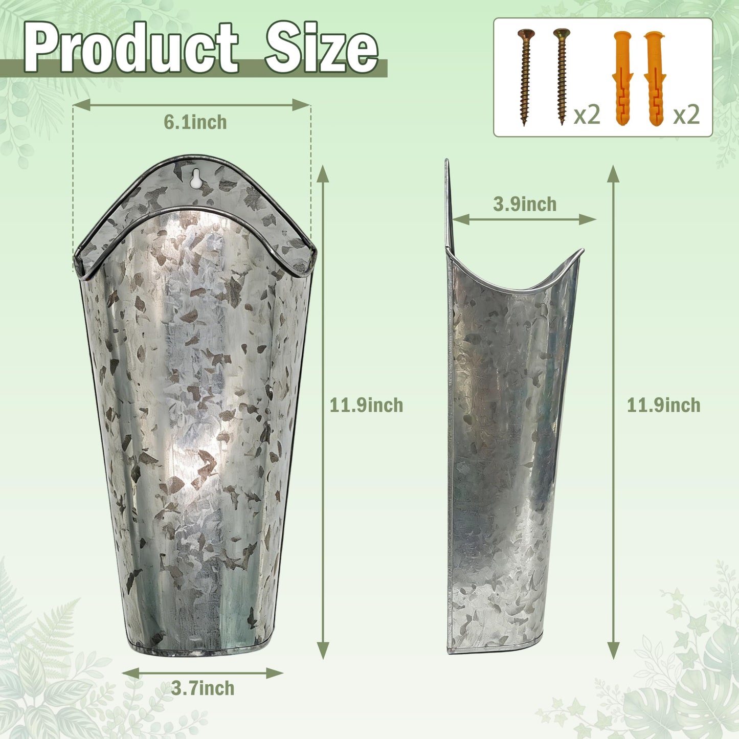 SYITCUN 12 Inches Galvanized Wall Planters, Set of 2 - Metal Hanging Flower Buckets for Farmhouse Decor, Tall Tin Vases for Dried Flowers & Greenery, Indoor Outdoor Country Decor