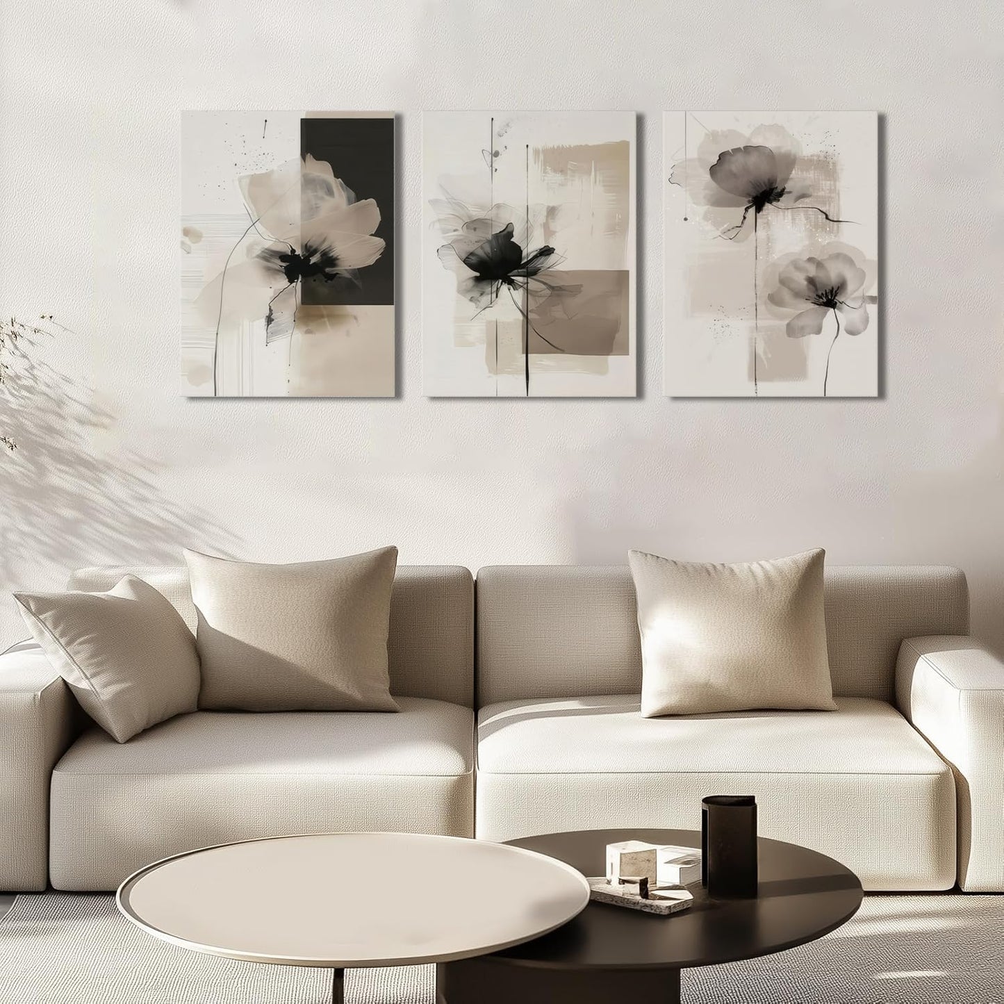 Neutral Abstract Floral Canvas Wall Art Modern Large Minimalist Wall Decor Contemporary Beige Black Flower Posters Prints Picture for Living Room Bedroom Bathroom Office 12x16 In Framed