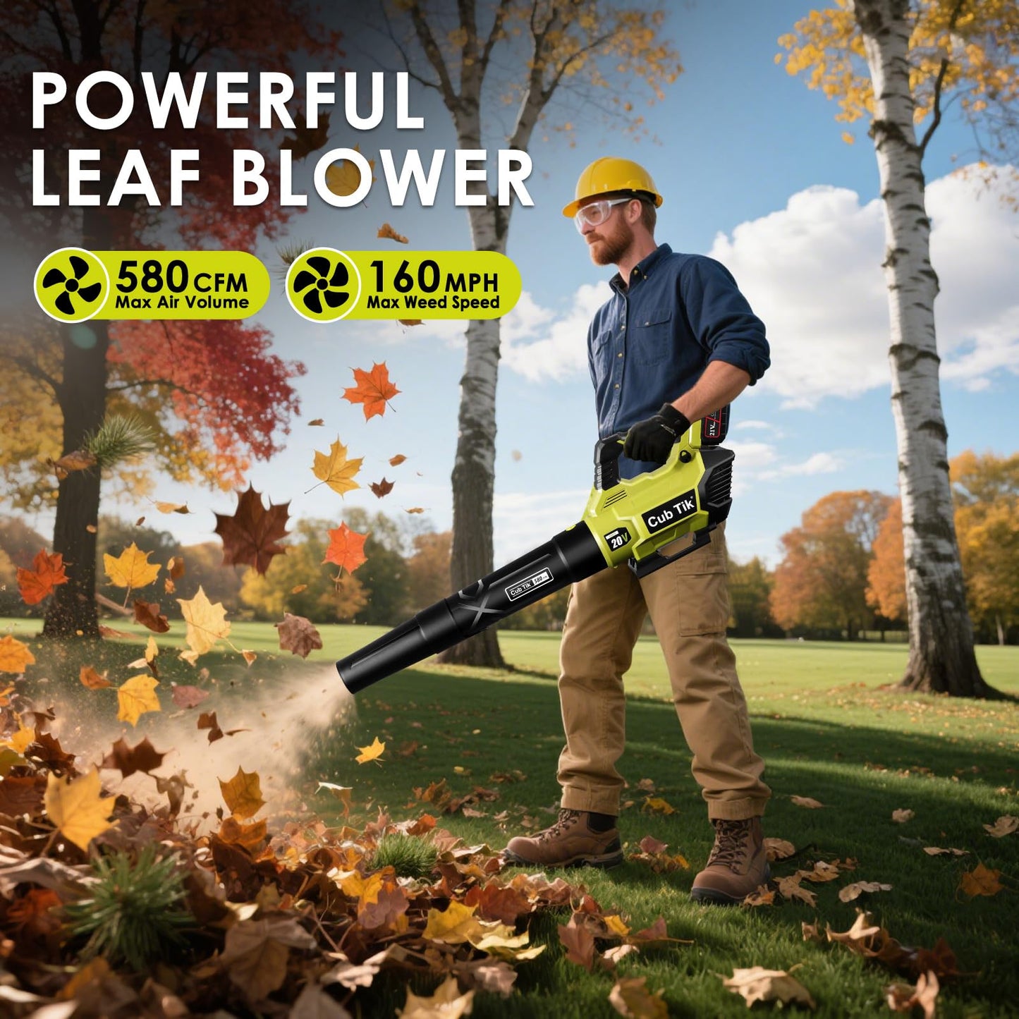Leaf Blower Cordless with 2x4.0AH Batteries and Charger 580CFM 160MPH Electric Leaf Blower 2 Speed Mode Lightweight Battery Powered Leaf Blowers for Lawn Care Patio Garden Yard