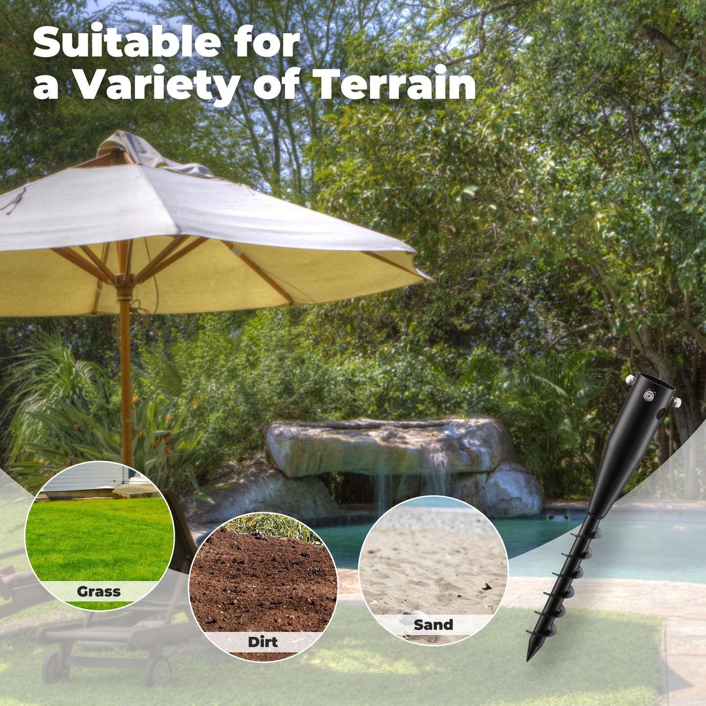Lcokeiy Beach Umbrella Sand Anchor - Heavy Duty Outdoor Umbrella Holder No Dig Ground Umbrella Base - Sturdy and Reliable 2.3“ Inner Diameter, Black(1 Pack)