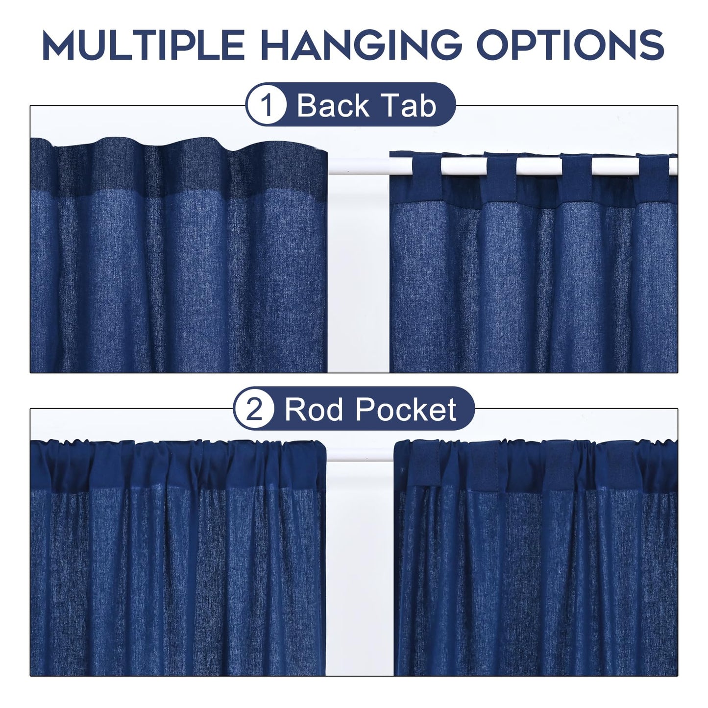 ASPMIZ Cotton Linen Farmhouse Curtains for Living Room, Boho Rustic Button Window Curtain Panels, Blue Striped Curtains for Bedroom, Country Back Tab Modern Drapes for Windows 52 x 84 Inch 2 Panels