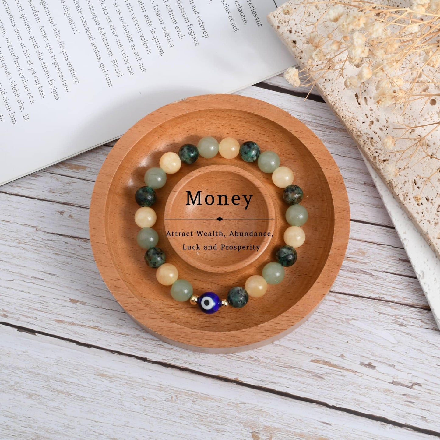 DLYFNVEV Money Attraction Bracelet Wealth Luck Fengshui Green Aventurine Evil Eye Protection Beaded Healing Crystal Natural Stone Jewelry Gifts For Women Yellow Topaz African Turquoise
