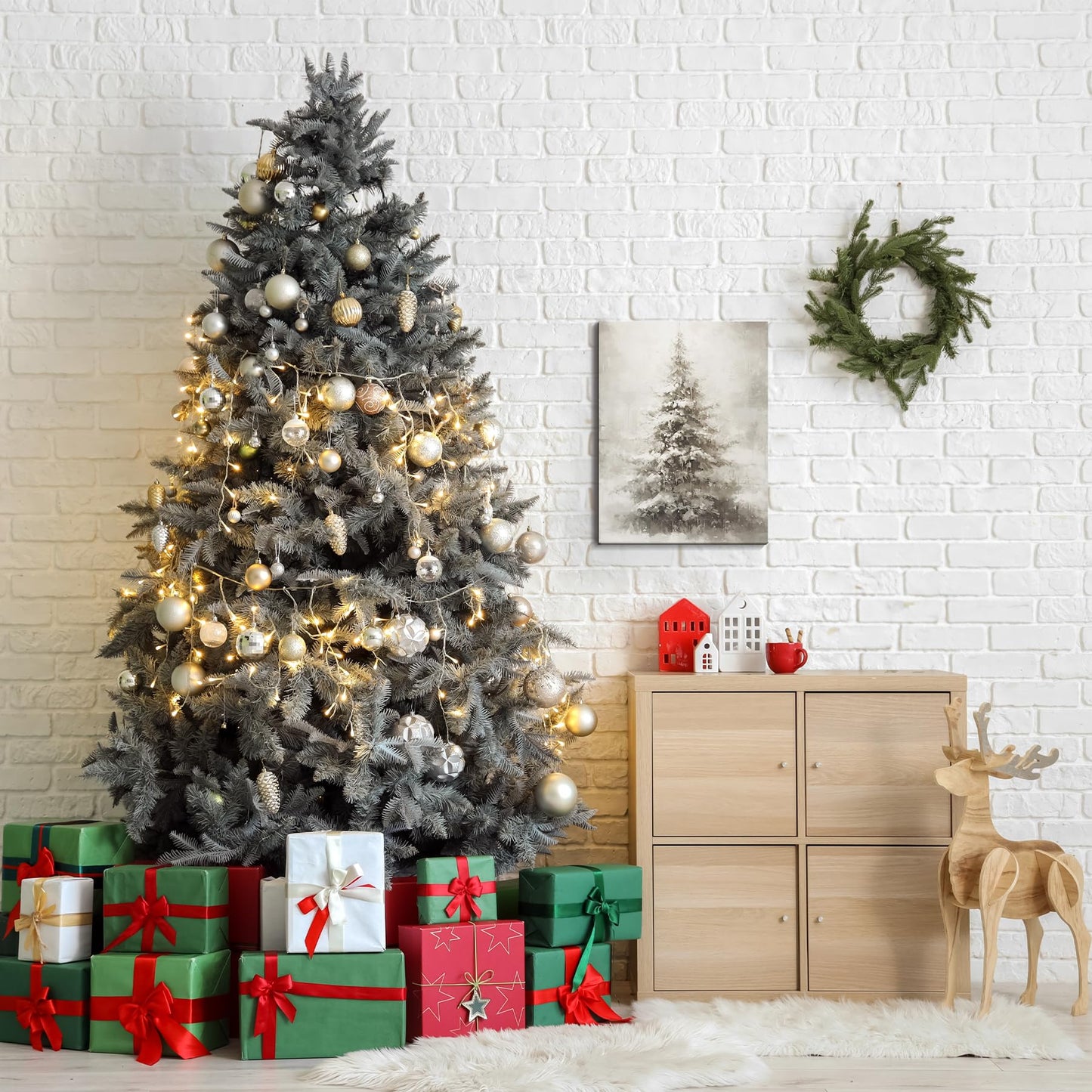 FISWAFY Christmas Tree Wall Art, Rustic Winter Snowy Christmas Tree Canvas Wall Art Prints, Christmas Wall Decorations, Christmas Poster Pictures Wall Decor for Home Office, 11x14 Inch Framed