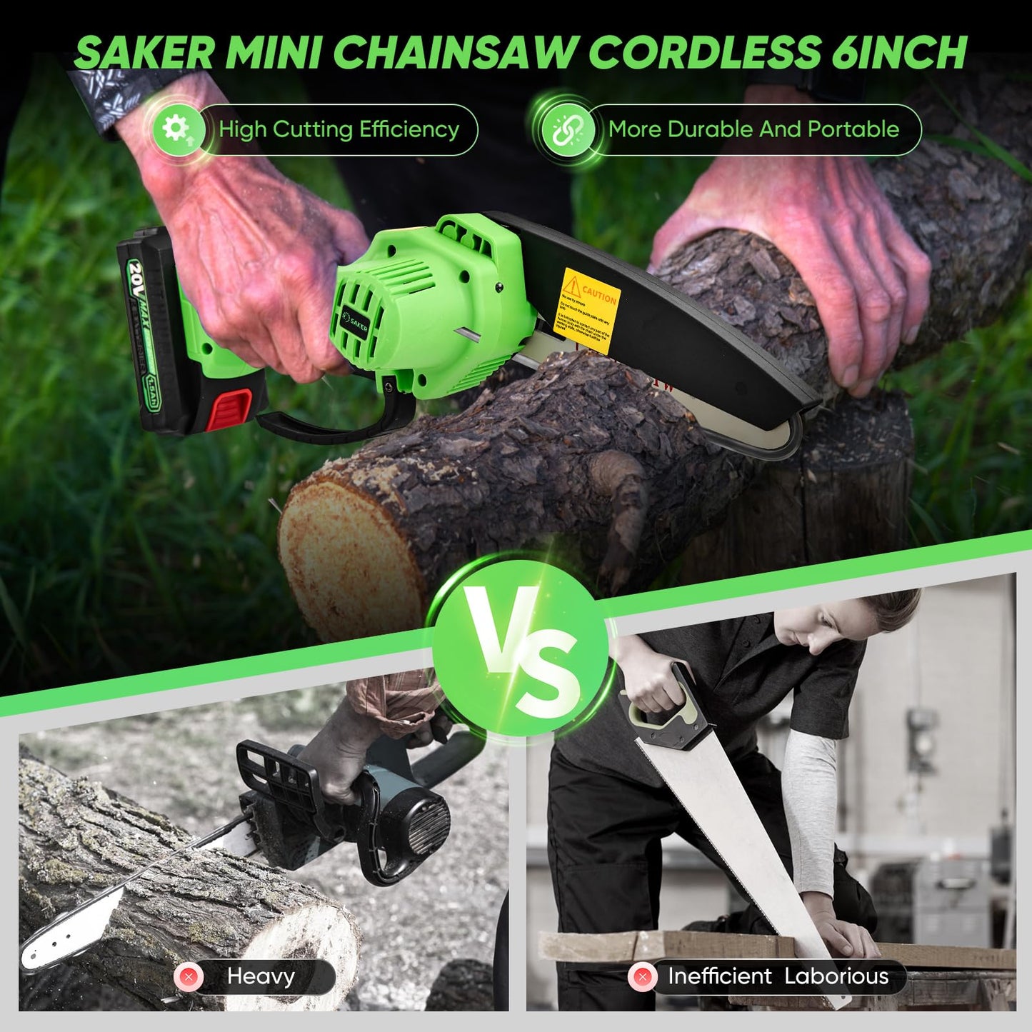 Saker Mini Chainsaw Cordless,6 Inch Chainsaw, Mini Electric Chainsaw Cordless Battery Powered,One-Hand Portable Chain Saw for Tree Trimming, Pruning&Wood Cutting,Gifts for Men Husband