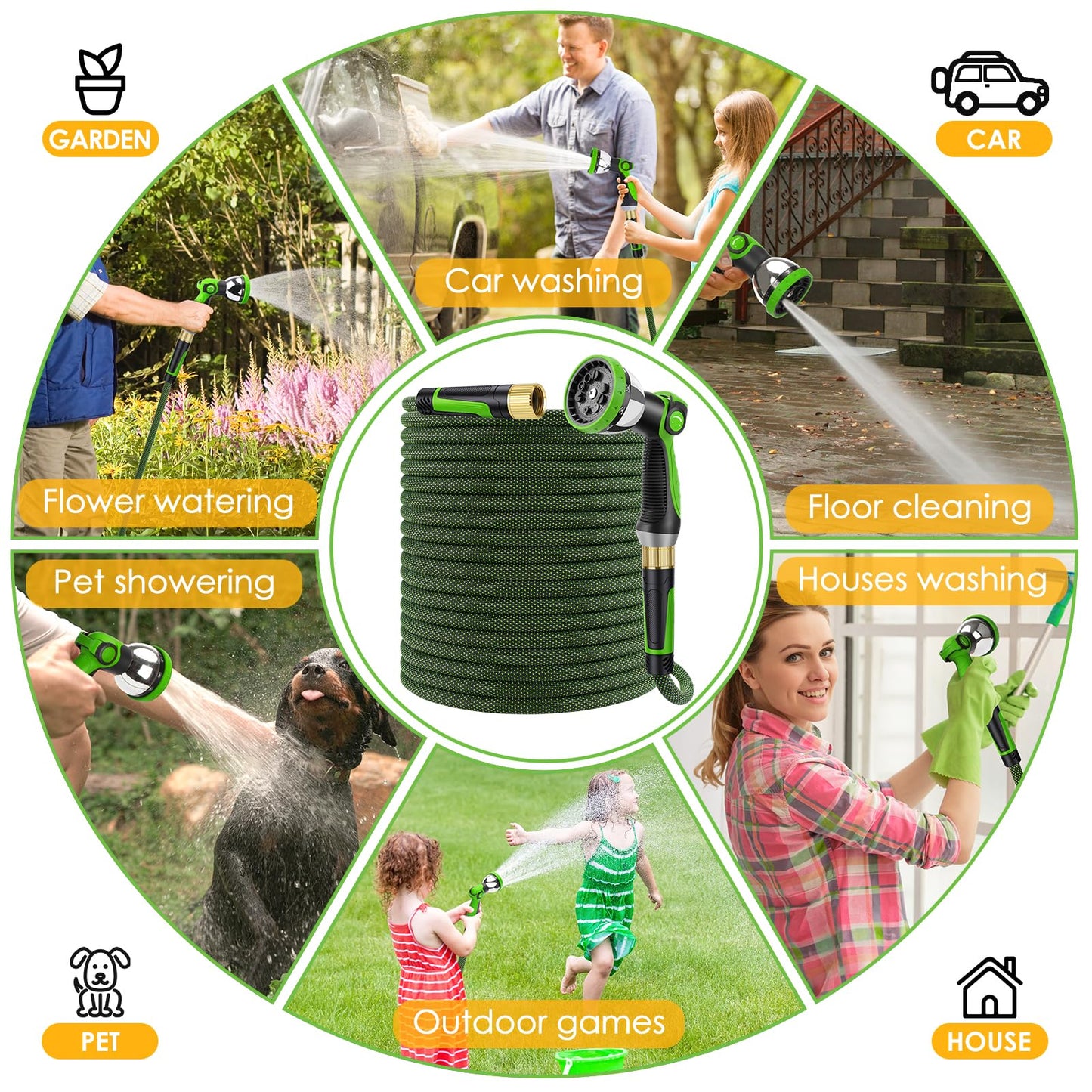 FLOERXIS Non-Expandable Garden Hose 50 FT, Lightweight Hose with 10 Function Spray Nozzle, Kink-Free Flexible Water Hose, Durable, Leak-Proof, 360° Swivel Connectors, Portable Storage Strap