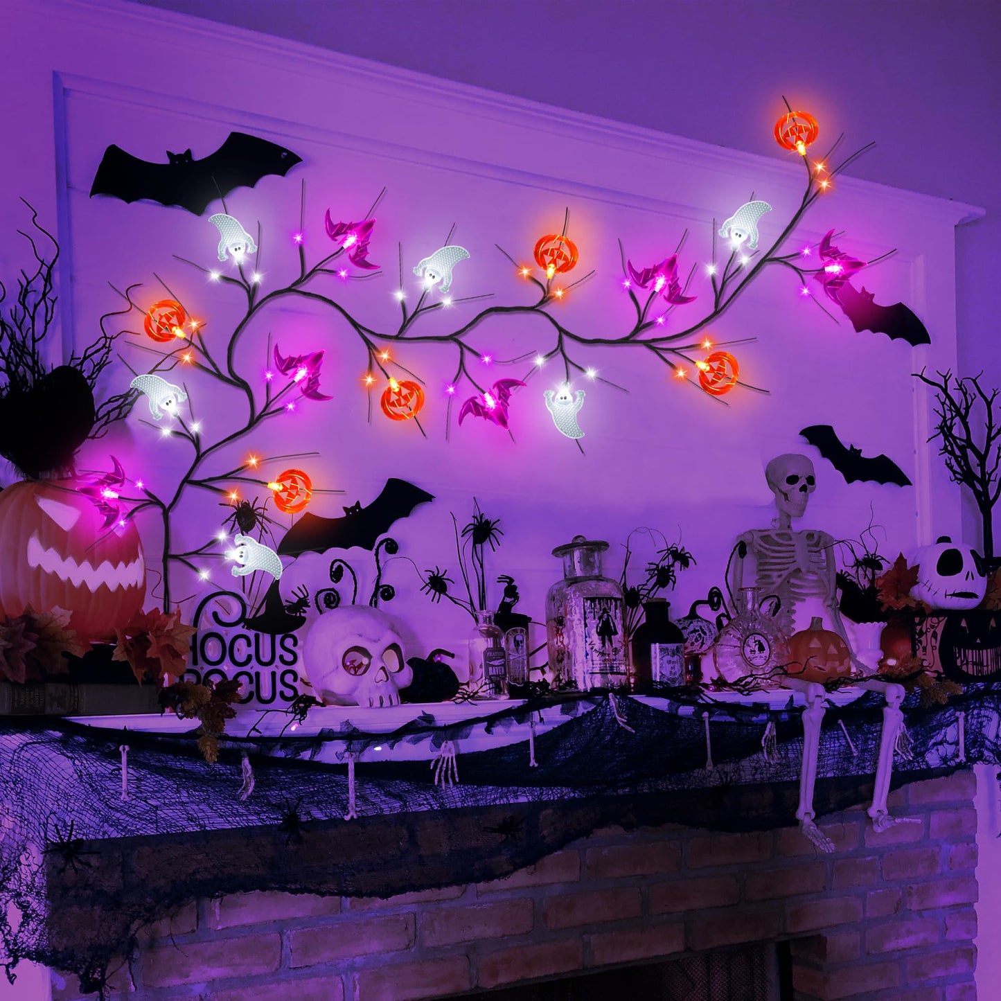 Sakayo [Timer] 6 FT Willow Vine Twig Halloween Decorations Garland with Pumpkin Bat Ghost Lights, 8 Modes Waterproof Battery Operated Halloween Lights Indoor Home Wall Window Mantle Party Decor