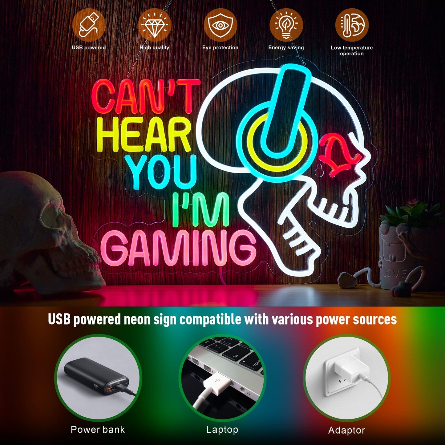 Gaming Neon Sign Can't Hear You I'm Gaming Skull Gamer LED Light Bright USB Powered Light up Game Signs with dimmer for Game Zone Video Room Boy Bedroom Wall Decor Compatible with Timer