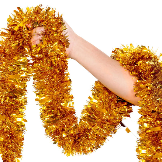 50Ft Gold Christmas Garland Decorations,Xams Tinsel Stems Non-Lit Soft Twist Garland Decor for Tree Stairs Railing Front Door Mantle Fireplace Indoor Outdoor Holiday Home