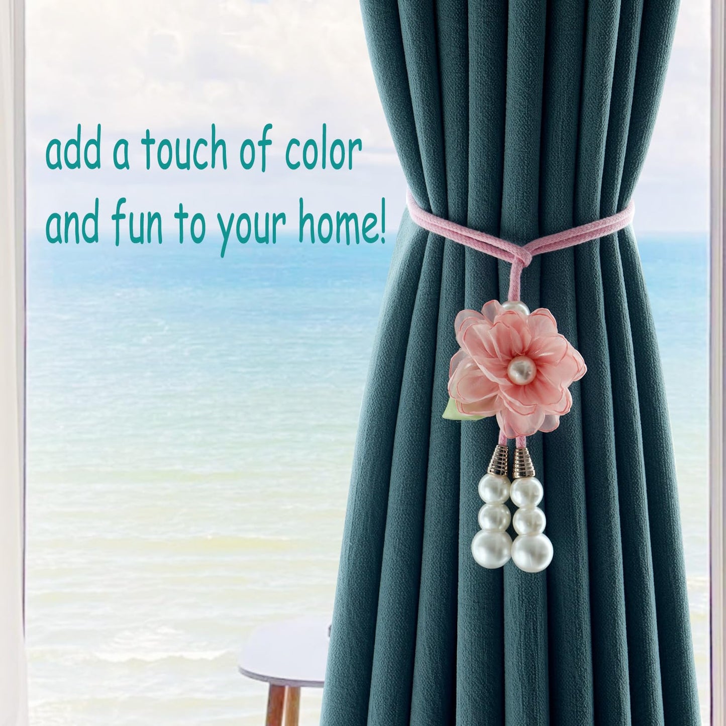 Adjustable Curtain Tiebacks， 4-Pack Hand-Woven Rope with Silk Flower & Pearl， Decorative Window Cord Holders for Drapery， Long Loop Design for All Curtain Thickness (Pink)