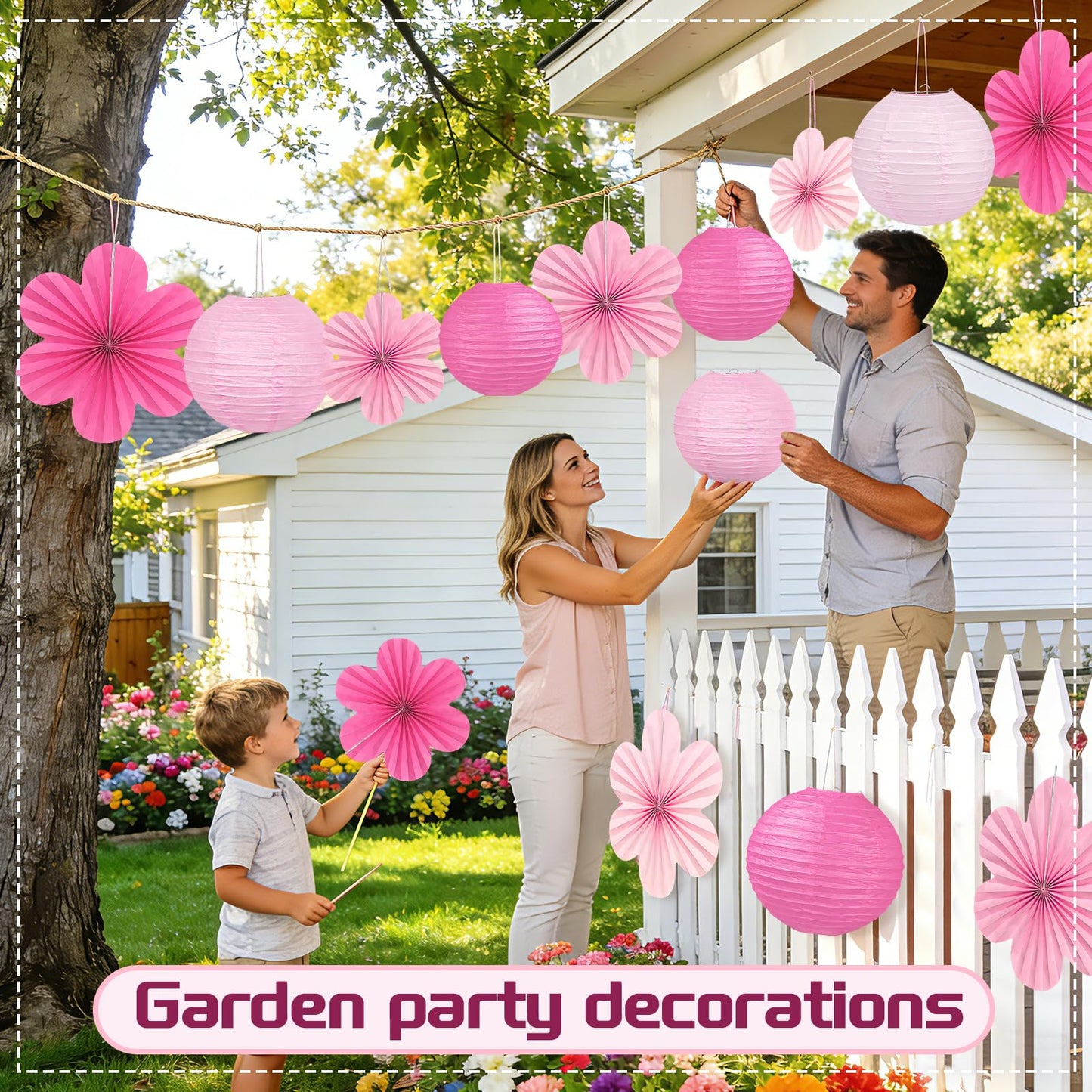 Pink Party Decorations, 18Pcs Hot Pink Hanging Paper Lanterns & Flower Fans 8"-14" for Girls Birthday, Bridal Shower, Wedding, Bachelorette, Girls Night, Graduation Party Decor