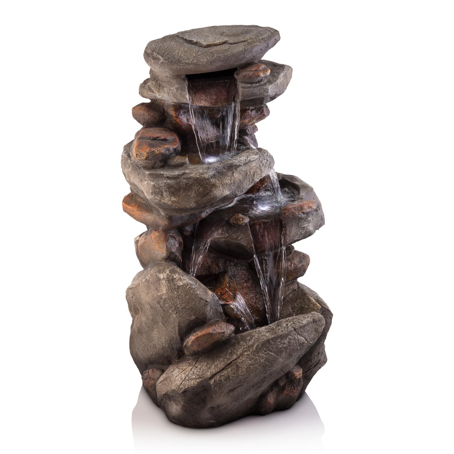 Alpine Corporation | 40" 4-Tier Rock Floor Fountain with Cascading Water & White LED Lights, Tranquil Outdoor Water Feature for Garden, Patio, Yard & Deck, Light Gray