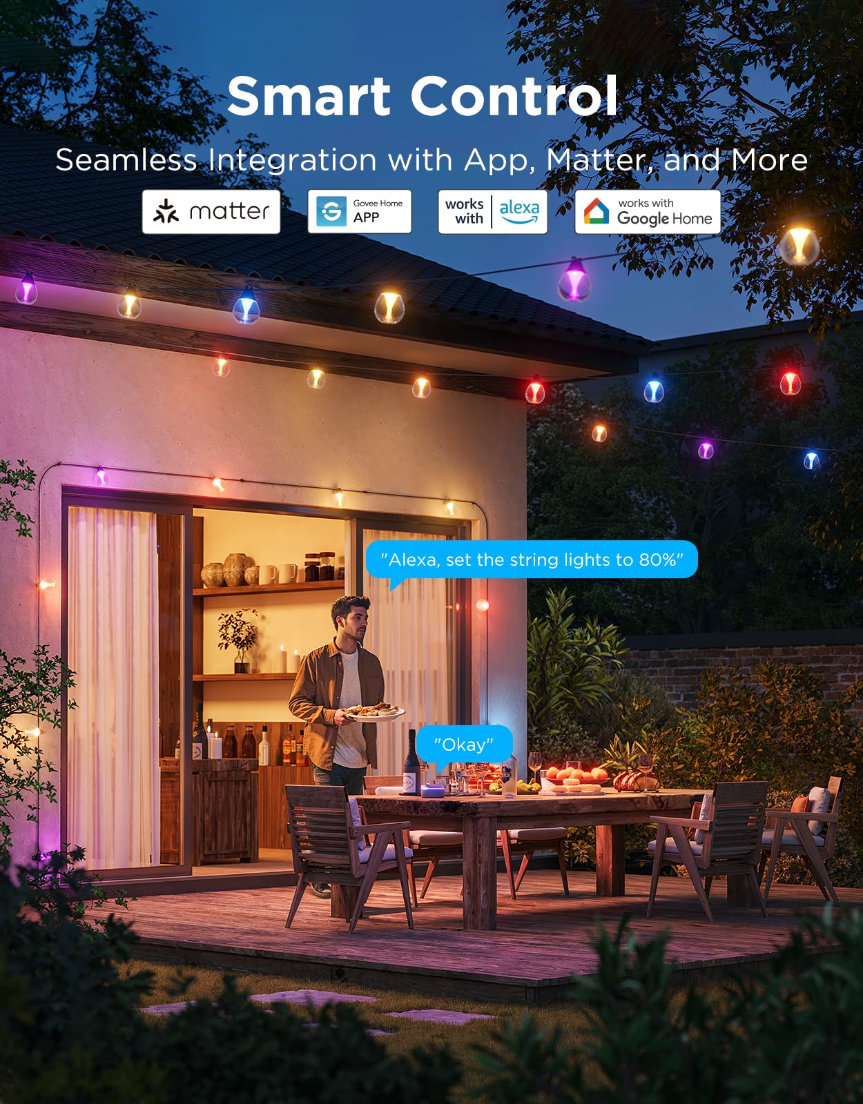 Govee Clear Bulb Outdoor String Lights, 96ft RGBWIC Dimmable Patio & Backyard Lights with 30 LED Bulbs, 111 Modes, IP67 Waterproof & Shatterproof, Works with Alexa, Google & Matter