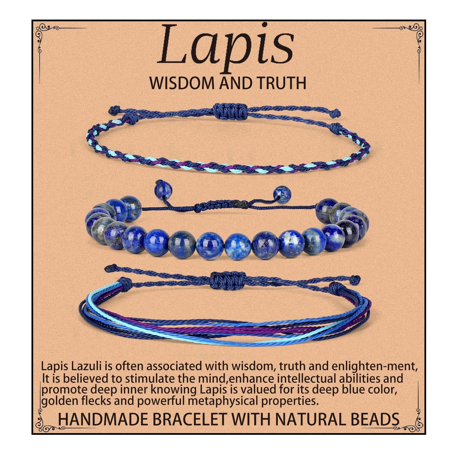 QOGIR Handmade Healing Bracelets for Women,8mm Natural Lapis Lazuli Gem Stone Beads Bracelet,for Men Women Gifts with 2PCS Size Adjustable Rope Bracelets